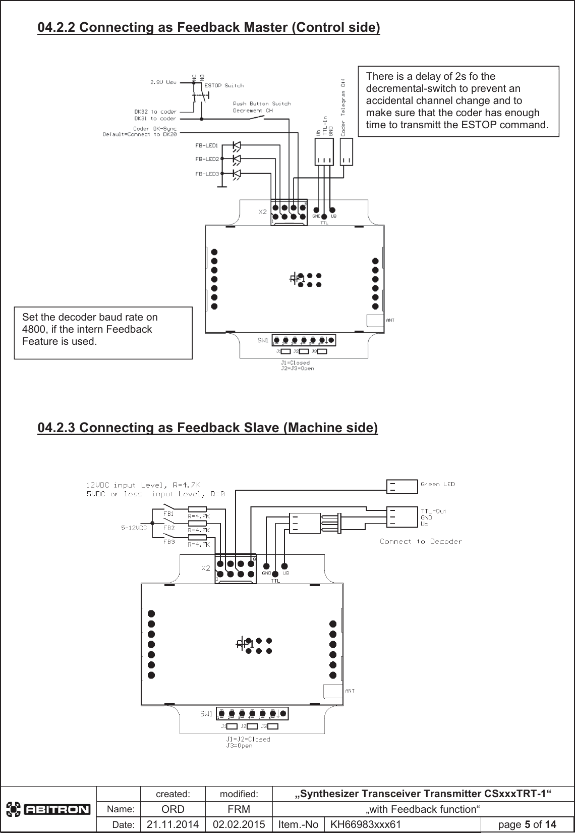 FUHDWHGPRGLILHG&bdquo;6\QWKHVL]HU7UDQVFHLYHU7UDQVPLWWHU&amp;6[[[757&ldquo;1DPH25')50&bdquo;with Feedback function&ldquo;'DWH,WHP1R.+[[[SDJHRI&amp;RQQHFWLQJDV)HHGEDFN0DVWHU&amp;RQWUROVLGH&amp;RQQHFWLQJDV)HHGEDFN6ODYH0DFKLQHVLGH6HWWKHGHFRGHUEDXGUDWHRQLIWKHLQWHUQ)HHGEDFN)HDWXUHLVXVHG7KHUHLVDGHOD\RIVIRWKHGHFUHPHQWDOVZLWFKWRSUHYHQWDQDFFLGHQWDOFKDQQHOFKDQJHDQGWRPDNHVXUHWKDWWKHFRGHUKDVHQRXJKWLPHWRWUDQVPLWWWKH(6723FRPPDQG