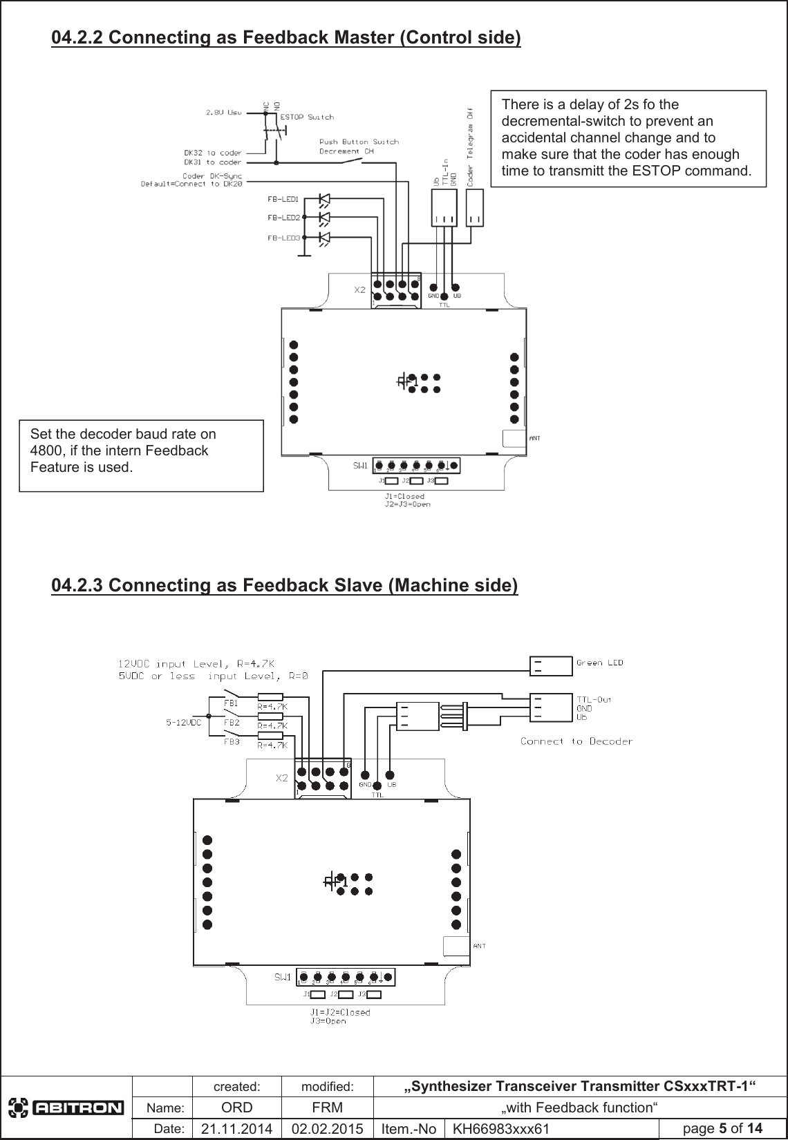 created:modified:&bdquo;Synthesizer Transceiver Transmitter CSxxxTRT-1&ldquo;Name:ORDFRM &bdquo;with Feedback function&ldquo;Date:21.11.2014 02.02.2015 Item.-No KH66983xxx61 page 5 of 1404.2.2 Connecting as Feedback Master (Control side) 04.2.3 Connecting as Feedback Slave (Machine side) Set the decoder baud rate on 4800, if the intern Feedback Feature is used. There is a delay of 2s fo the decremental-switch to prevent an accidental channel change and to make sure that the coder has enough time to transmitt the ESTOP command. 