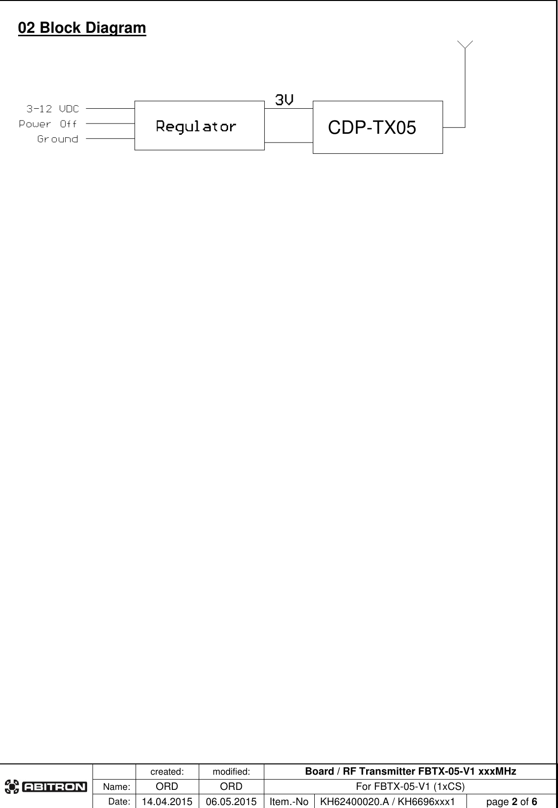   created: modified: Board / RF Transmitter FBTX-05-V1 xxxMHz  Name: ORD ORD For FBTX-05-V1 (1xCS) Date: 14.04.2015 06.05.2015 Item.-No KH62400020.A / KH6696xxx1 page 2 of 6  02 Block Diagram  CDP-TX05 
