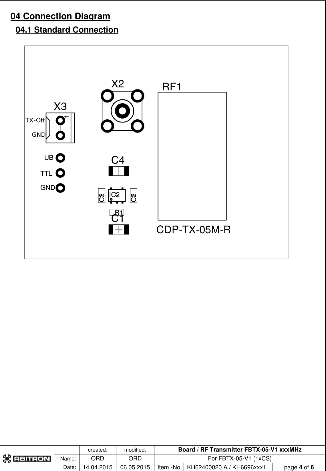   created: modified: Board / RF Transmitter FBTX-05-V1 xxxMHz  Name: ORD ORD For FBTX-05-V1 (1xCS) Date: 14.04.2015 06.05.2015 Item.-No KH62400020.A / KH6696xxx1 page 4 of 6  04 Connection Diagram 04.1 Standard Connection     