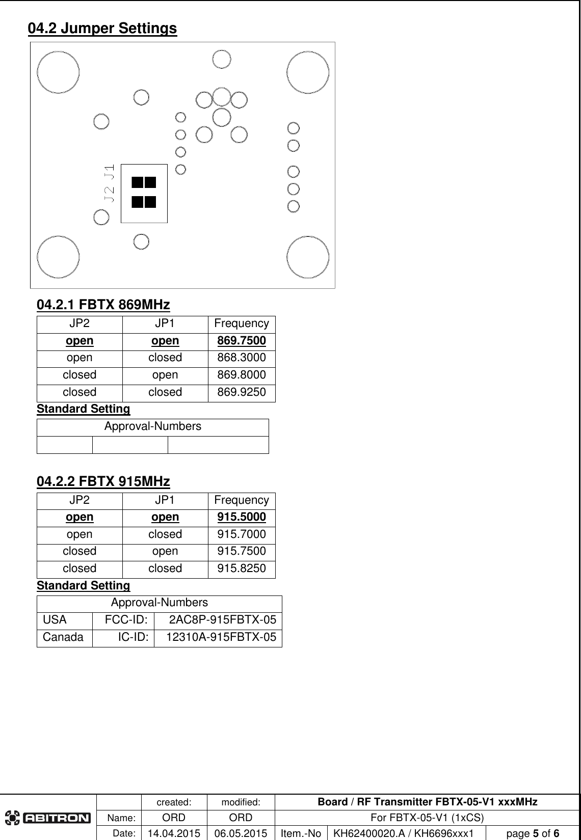   created: modified: Board / RF Transmitter FBTX-05-V1 xxxMHz  Name: ORD ORD For FBTX-05-V1 (1xCS) Date: 14.04.2015 06.05.2015 Item.-No KH62400020.A / KH6696xxx1 page 5 of 6  04.2 Jumper Settings  04.2.1 FBTX 869MHz JP2 JP1 Frequency open open 869.7500 open closed 868.3000 closed open 869.8000 closed closed 869.9250 Standard Setting Approval-Numbers     04.2.2 FBTX 915MHz JP2 JP1 Frequency open open 915.5000 open closed 915.7000 closed open 915.7500 closed closed 915.8250 Standard Setting Approval-Numbers USA   FCC-ID: 2AC8P-915FBTX-05 Canada IC-ID: 12310A-915FBTX-05    