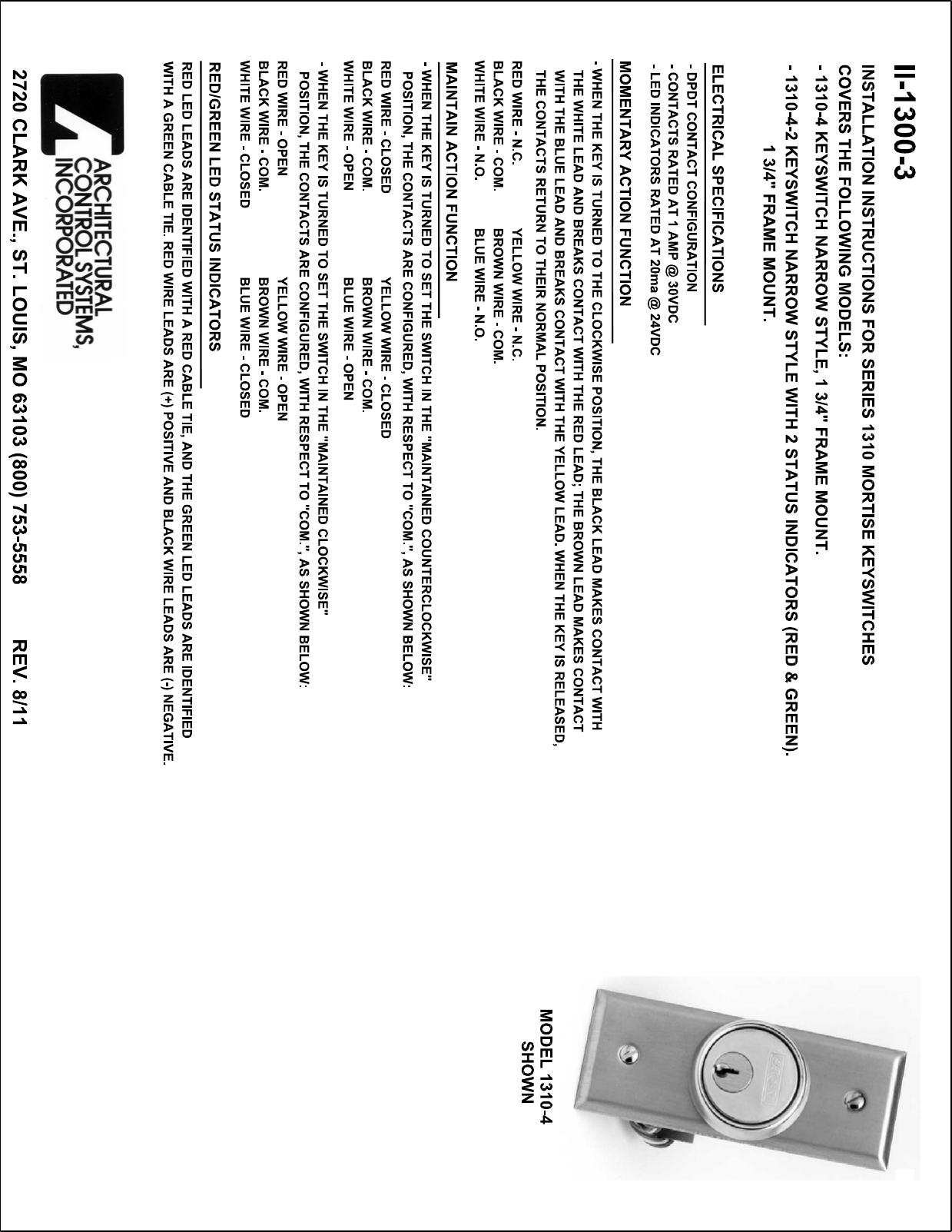 Page 1 of 1 - ACSI II-1300-3  Keyswitch Narrow Style 1310-4 1310-4-2