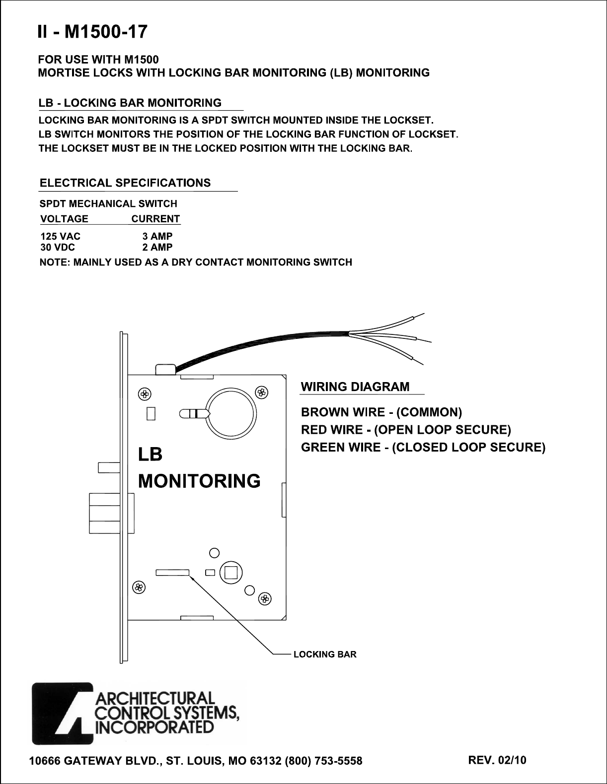 Page 1 of 1 - ACSI II-M1500-17 LB MONITORING LOCKMOD INSTALLATION INSTRUCTIONS  Mortise Locks With Locking Bar