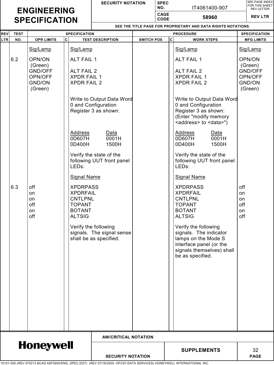 SECURITY NOTATION SPECNO. IT4061400-907SEE PAGE INDEXFOR THIS SHEETREV LETTERCAGECODE 58960 REV LTRSEE THE TITLE PAGE FOR PROPRIETARY AND DATA RIGHTS NOTATIONS.REV TEST SPECIFICATION PROCEDURE SPECIFICATIONLTR NO. OPR LIMITS C TEST DESCRIPTION SWITCH POS C WORK STEPS MFG LIMITSAW/CRITICAL NOTATIONSUPPLEMENTS 32SECURITY NOTATION PAGE15101-000 (REV 970213 BCAS ASF5900/ENG_SPEC.DOT)  (REV 07/18/2000 -OFC97-DATA SERVICES) HONEYWELL INTERNATIONAL INC.ENGINEERINGSPECIFICATIONSig/Lamp Sig/Lamp Sig/Lamp Sig/Lamp6.2 OPN/ON (Green)GND/OFFOPN/OFFGND/ON (Green)ALT FAIL 1ALT FAIL 2XPDR FAIL 1XPDR FAIL 2ALT FAIL 1ALT FAIL 2XPDR FAIL 1XPDR FAIL 2OPN/ON (Green)GND/OFFOPN/OFFGND/ON (Green)Write to Output Data Word0 and ConfigurationRegister 3 as shown:Write to Output Data Word0 and ConfigurationRegister 3 as shown:(Enter &quot;modify memory&lt;address&gt; to &lt;data&gt;&quot;)Address Data0D607H 0001H0D400H 1500HAddress Data0D607H 0001H0D400H 1500HVerify the state of thefollowing UUT front panelLEDs:Verify the state of thefollowing UUT front panelLEDs:Signal Name Signal Name6.3 offononoffonoffXPDRPASSXPDRFAILCNTLPNLTOPANTBOTANTALTSIGXPDRPASSXPDRFAILCNTLPNLTOPANTBOTANTALTSIGoffononoffonoffVerify the followingsignals.  The signal senseshall be as specified.Verify the followingsignals.  The indicatorlamps on the Mode Sinterface panel (or thesignals themselves) shallbe as specified.