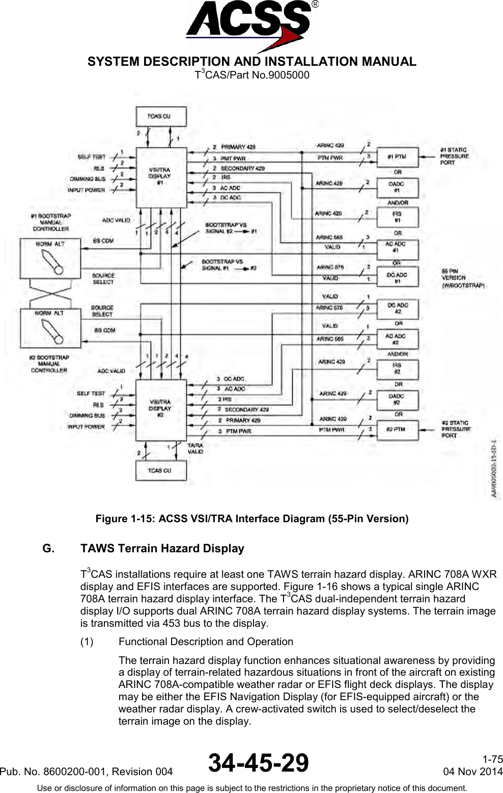  SYSTEM DESCRIPTION AND INSTALLATION MANUAL T3CAS/Part No.9005000  Figure 1-15: ACSS VSI/TRA Interface Diagram (55-Pin Version) G. TAWS Terrain Hazard Display T3CAS installations require at least one TAWS terrain hazard display. ARINC 708A WXR display and EFIS interfaces are supported. Figure 1-16 shows a typical single ARINC 708A terrain hazard display interface. The T3CAS dual-independent terrain hazard display I/O supports dual ARINC 708A terrain hazard display systems. The terrain image is transmitted via 453 bus to the display. (1) Functional Description and Operation The terrain hazard display function enhances situational awareness by providing a display of terrain-related hazardous situations in front of the aircraft on existing ARINC 708A-compatible weather radar or EFIS flight deck displays. The display may be either the EFIS Navigation Display (for EFIS-equipped aircraft) or the weather radar display. A crew-activated switch is used to select/deselect the terrain image on the display. Pub. No. 8600200-001, Revision 004 34-45-29 1-75 04 Nov 2014 Use or disclosure of information on this page is subject to the restrictions in the proprietary notice of this document.  