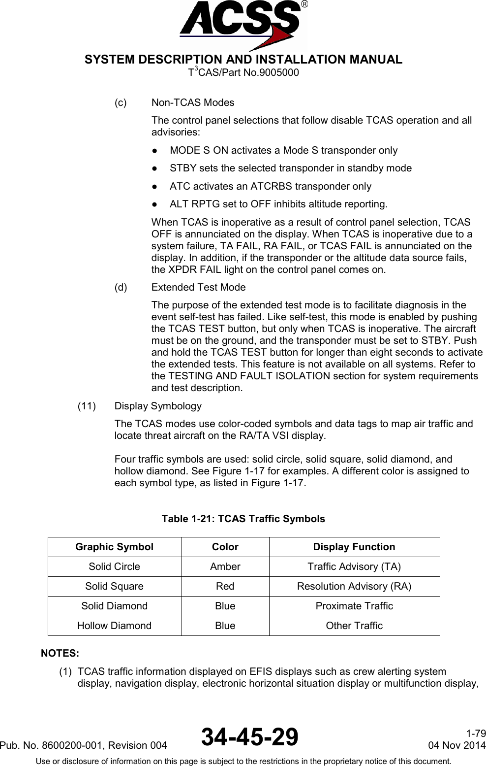  SYSTEM DESCRIPTION AND INSTALLATION MANUAL T3CAS/Part No.9005000 (c) Non-TCAS Modes The control panel selections that follow disable TCAS operation and all advisories: ●  MODE S ON activates a Mode S transponder only ●  STBY sets the selected transponder in standby mode ●  ATC activates an ATCRBS transponder only ●  ALT RPTG set to OFF inhibits altitude reporting. When TCAS is inoperative as a result of control panel selection, TCAS OFF is annunciated on the display. When TCAS is inoperative due to a system failure, TA FAIL, RA FAIL, or TCAS FAIL is annunciated on the display. In addition, if the transponder or the altitude data source fails, the XPDR FAIL light on the control panel comes on. (d) Extended Test Mode The purpose of the extended test mode is to facilitate diagnosis in the event self-test has failed. Like self-test, this mode is enabled by pushing the TCAS TEST button, but only when TCAS is inoperative. The aircraft must be on the ground, and the transponder must be set to STBY. Push and hold the TCAS TEST button for longer than eight seconds to activate the extended tests. This feature is not available on all systems. Refer to the TESTING AND FAULT ISOLATION section for system requirements and test description. (11) Display Symbology The TCAS modes use color-coded symbols and data tags to map air traffic and locate threat aircraft on the RA/TA VSI display.  Four traffic symbols are used: solid circle, solid square, solid diamond, and hollow diamond. See Figure 1-17 for examples. A different color is assigned to each symbol type, as listed in Figure 1-17.  Table 1-21: TCAS Traffic Symbols Graphic Symbol Color Display Function Solid Circle Amber Traffic Advisory (TA) Solid Square Red Resolution Advisory (RA) Solid Diamond Blue Proximate Traffic Hollow Diamond Blue Other Traffic  NOTES: (1) TCAS traffic information displayed on EFIS displays such as crew alerting system display, navigation display, electronic horizontal situation display or multifunction display, Pub. No. 8600200-001, Revision 004 34-45-29 1-79 04 Nov 2014 Use or disclosure of information on this page is subject to the restrictions in the proprietary notice of this document.  