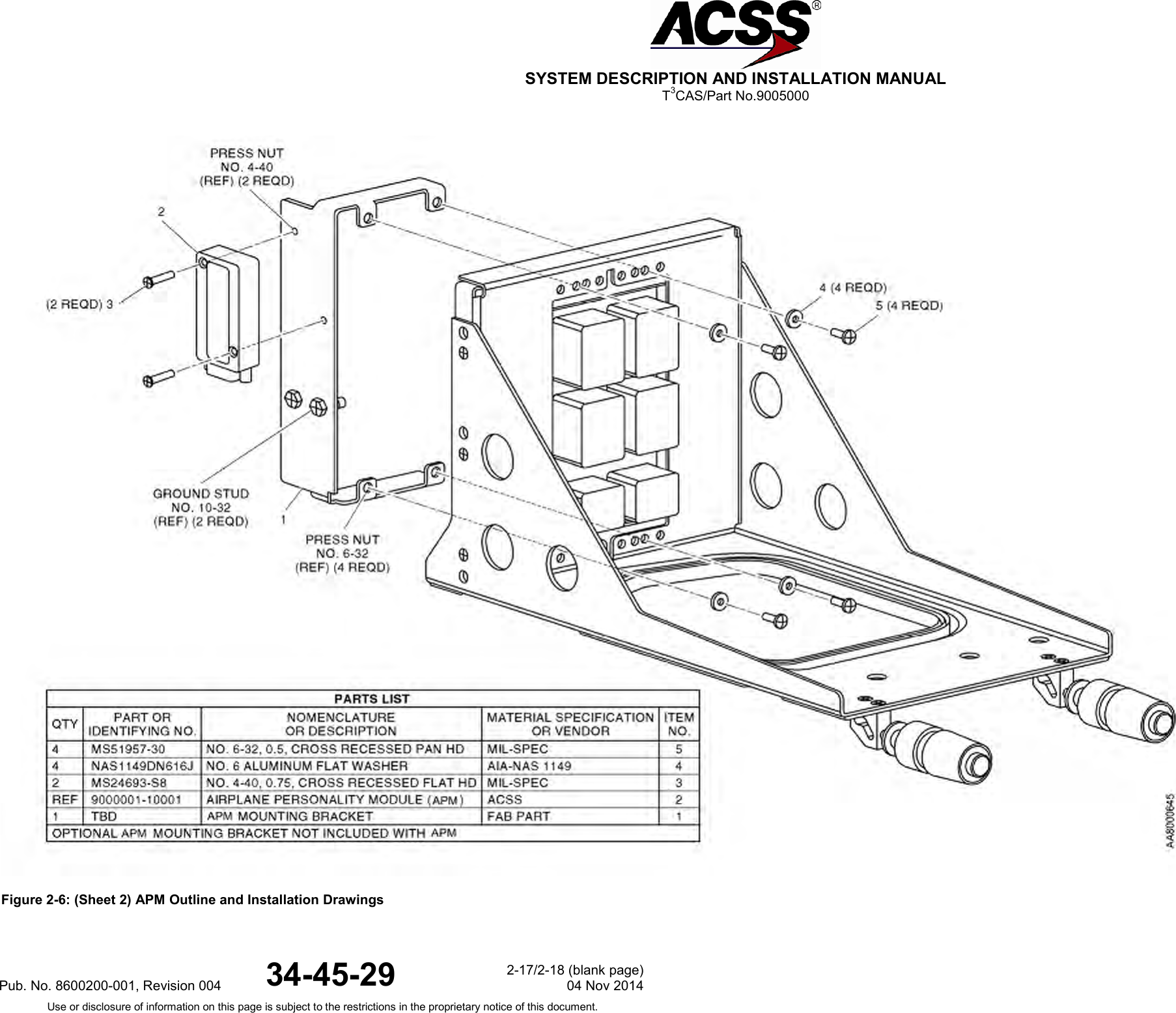  SYSTEM DESCRIPTION AND INSTALLATION MANUAL T3CAS/Part No.9005000  Figure 2-6: (Sheet 2) APM Outline and Installation DrawingsPub. No. 8600200-001, Revision 004 34-45-29 2-17/2-18 (blank page) 04 Nov 2014 Use or disclosure of information on this page is subject to the restrictions in the proprietary notice of this document.  