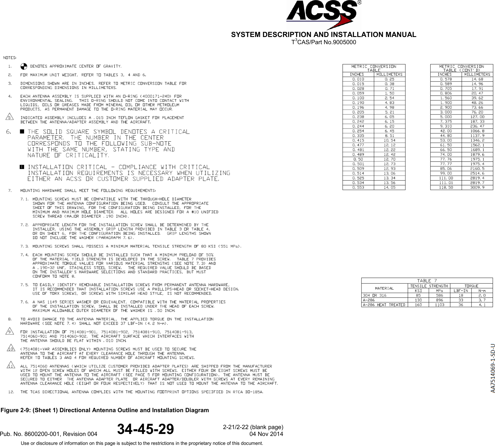  SYSTEM DESCRIPTION AND INSTALLATION MANUAL T3CAS/Part No.9005000  Figure 2-9: (Sheet 1) Directional Antenna Outline and Installation DiagramPub. No. 8600200-001, Revision 004 34-45-29 2-21/2-22 (blank page) 04 Nov 2014 Use or disclosure of information on this page is subject to the restrictions in the proprietary notice of this document.  