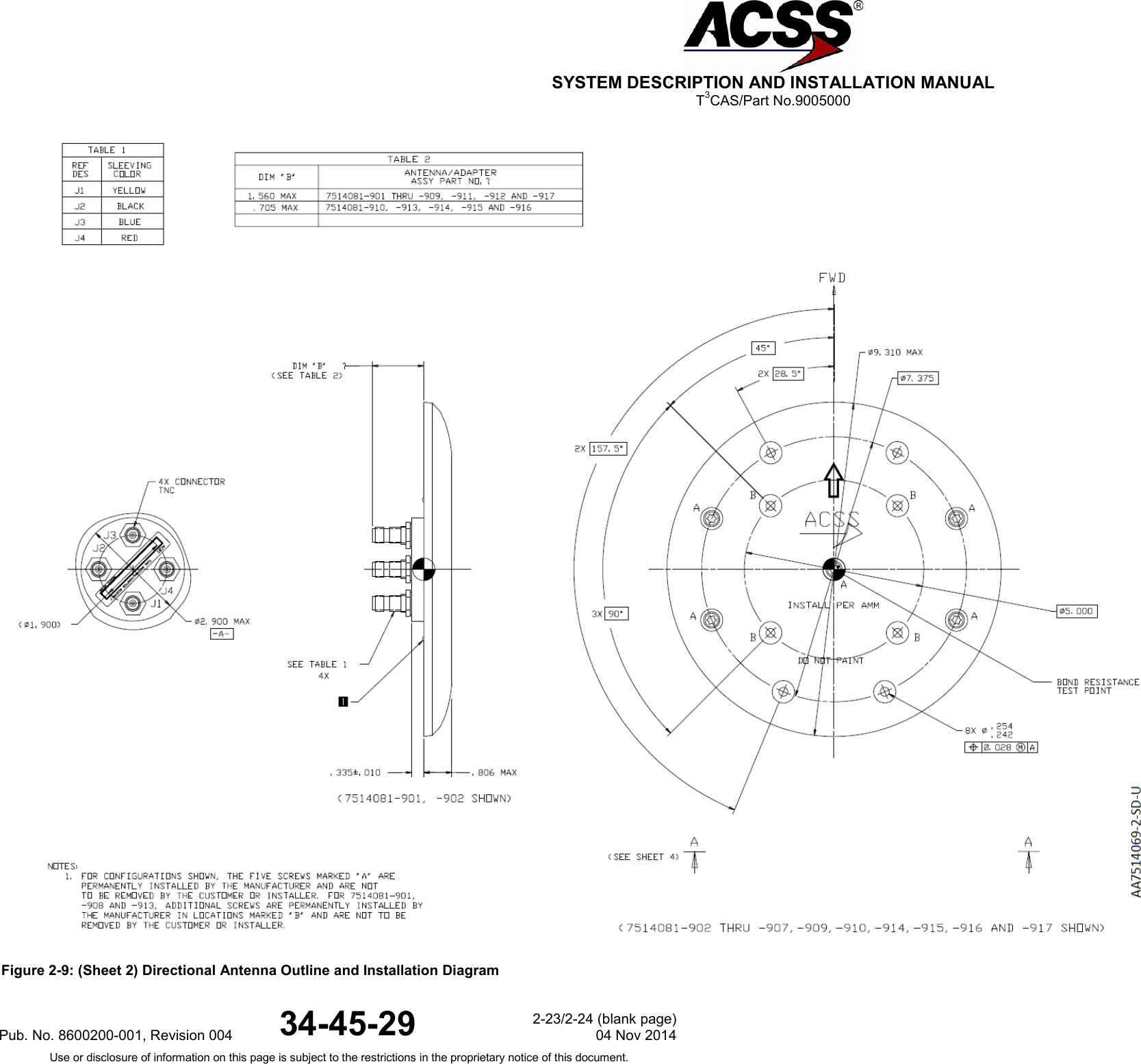  SYSTEM DESCRIPTION AND INSTALLATION MANUAL T3CAS/Part No.9005000  Figure 2-9: (Sheet 2) Directional Antenna Outline and Installation Diagram Pub. No. 8600200-001, Revision 004 34-45-29 2-23/2-24 (blank page) 04 Nov 2014 Use or disclosure of information on this page is subject to the restrictions in the proprietary notice of this document.  