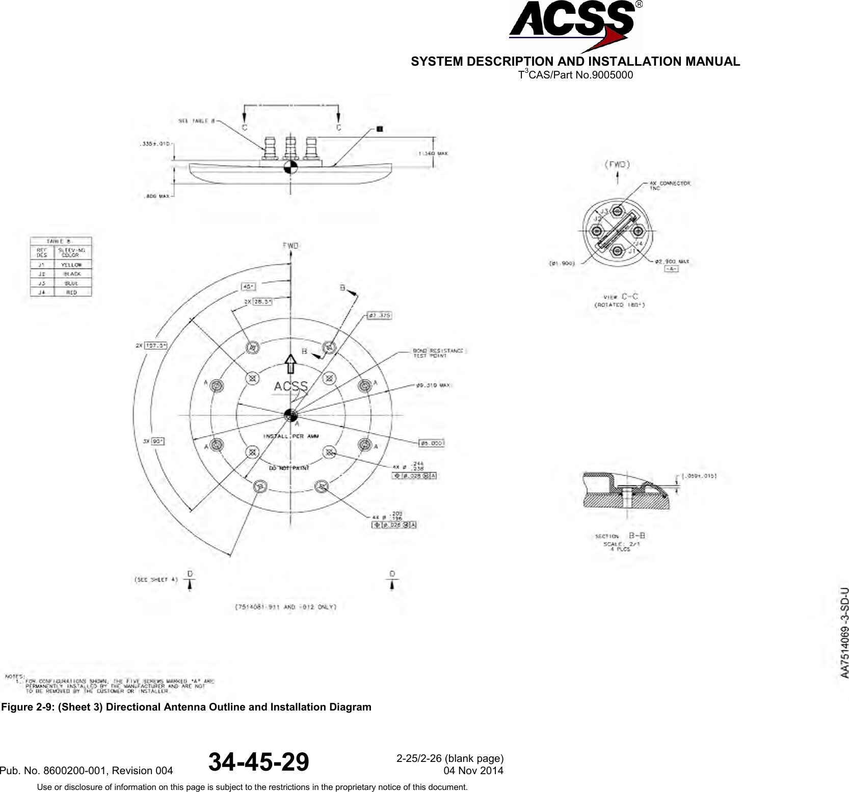  SYSTEM DESCRIPTION AND INSTALLATION MANUAL T3CAS/Part No.9005000  Figure 2-9: (Sheet 3) Directional Antenna Outline and Installation DiagramPub. No. 8600200-001, Revision 004  34-45-29 2-25/2-26 (blank page) 04 Nov 2014 Use or disclosure of information on this page is subject to the restrictions in the proprietary notice of this document.  
