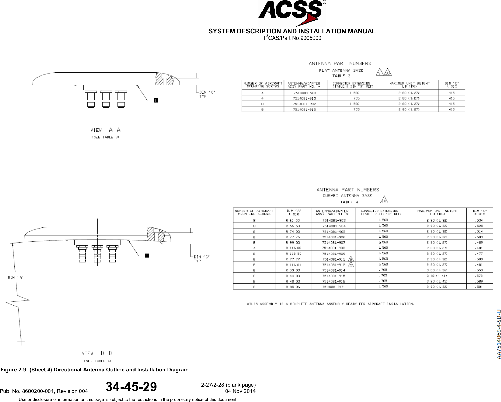  SYSTEM DESCRIPTION AND INSTALLATION MANUAL T3CAS/Part No.9005000  Figure 2-9: (Sheet 4) Directional Antenna Outline and Installation DiagramPub. No. 8600200-001, Revision 004 34-45-29 2-27/2-28 (blank page) 04 Nov 2014 Use or disclosure of information on this page is subject to the restrictions in the proprietary notice of this document.  
