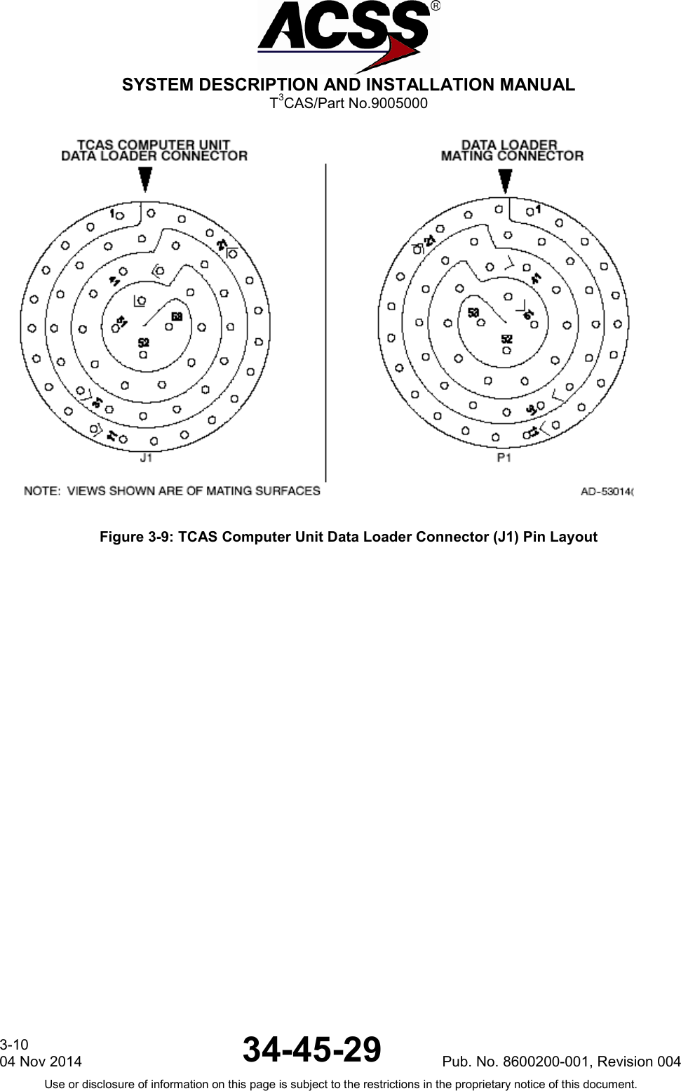  SYSTEM DESCRIPTION AND INSTALLATION MANUAL T3CAS/Part No.9005000  Figure 3-9: TCAS Computer Unit Data Loader Connector (J1) Pin Layout 3-10 04 Nov 2014 34-45-29 Pub. No. 8600200-001, Revision 004 Use or disclosure of information on this page is subject to the restrictions in the proprietary notice of this document.    