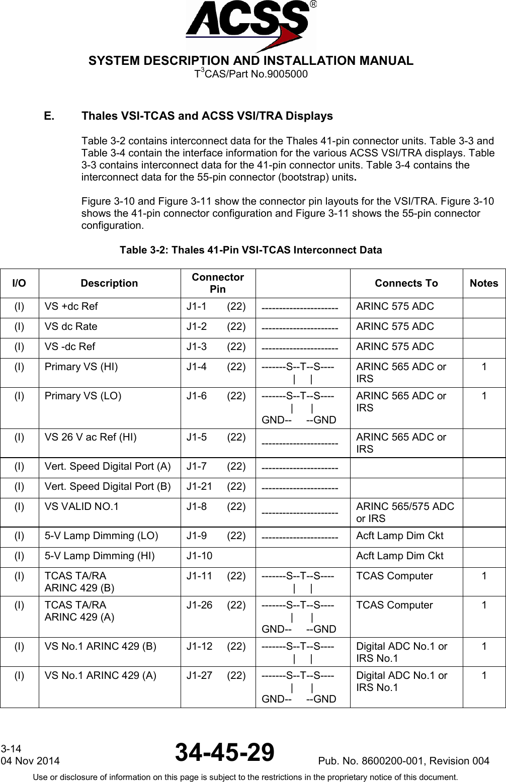  SYSTEM DESCRIPTION AND INSTALLATION MANUAL T3CAS/Part No.9005000 E. Thales VSI-TCAS and ACSS VSI/TRA Displays Table 3-2 contains interconnect data for the Thales 41-pin connector units. Table 3-3 and Table 3-4 contain the interface information for the various ACSS VSI/TRA displays. Table 3-3 contains interconnect data for the 41-pin connector units. Table 3-4 contains the interconnect data for the 55-pin connector (bootstrap) units.  Figure 3-10 and Figure 3-11 show the connector pin layouts for the VSI/TRA. Figure 3-10 shows the 41-pin connector configuration and Figure 3-11 shows the 55-pin connector configuration. Table 3-2: Thales 41-Pin VSI-TCAS Interconnect Data I/O Description Connector Pin  Connects To Notes (I) VS +dc Ref J1-1       (22) ---------------------- ARINC 575 ADC   (I) VS dc Rate J1-2       (22) ---------------------- ARINC 575 ADC   (I) VS -dc Ref J1-3       (22) ---------------------- ARINC 575 ADC   (I) Primary VS (HI) J1-4       (22) -------S--T--S---- |     | ARINC 565 ADC or IRS 1 (I) Primary VS (LO) J1-6       (22) -------S--T--S----           |      | GND--     --GND ARINC 565 ADC or IRS 1 (I) VS 26 V ac Ref (HI) J1-5       (22) ---------------------- ARINC 565 ADC or IRS  (I) Vert. Speed Digital Port (A) J1-7       (22) ----------------------   (I) Vert. Speed Digital Port (B) J1-21     (22) ----------------------   (I) VS VALID NO.1 J1-8       (22) ---------------------- ARINC 565/575 ADC or IRS  (I) 5-V Lamp Dimming (LO) J1-9       (22) ---------------------- Acft Lamp Dim Ckt  (I) 5-V Lamp Dimming (HI) J1-10  Acft Lamp Dim Ckt  (I) TCAS TA/RA ARINC 429 (B) J1-11     (22) -------S--T--S---- |     | TCAS Computer 1 (I) TCAS TA/RA ARINC 429 (A) J1-26     (22) -------S--T--S----           |      | GND--     --GND TCAS Computer 1 (I) VS No.1 ARINC 429 (B) J1-12     (22) -------S--T--S---- |     | Digital ADC No.1 or IRS No.1 1 (I) VS No.1 ARINC 429 (A) J1-27     (22) -------S--T--S----           |      | GND--     --GND Digital ADC No.1 or IRS No.1 1  3-14 04 Nov 2014 34-45-29 Pub. No. 8600200-001, Revision 004 Use or disclosure of information on this page is subject to the restrictions in the proprietary notice of this document.    