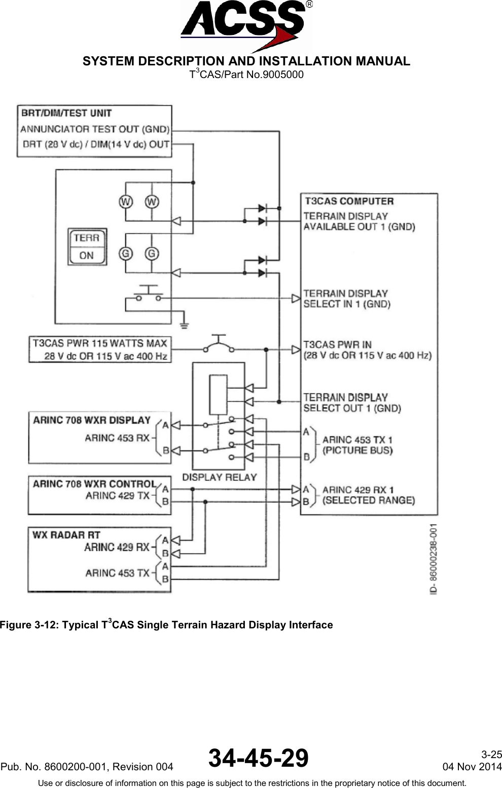  SYSTEM DESCRIPTION AND INSTALLATION MANUAL T3CAS/Part No.9005000  Figure 3-12: Typical T3CAS Single Terrain Hazard Display Interface Pub. No. 8600200-001, Revision 004  34-45-29 3-25 04 Nov 2014 Use or disclosure of information on this page is subject to the restrictions in the proprietary notice of this document.   