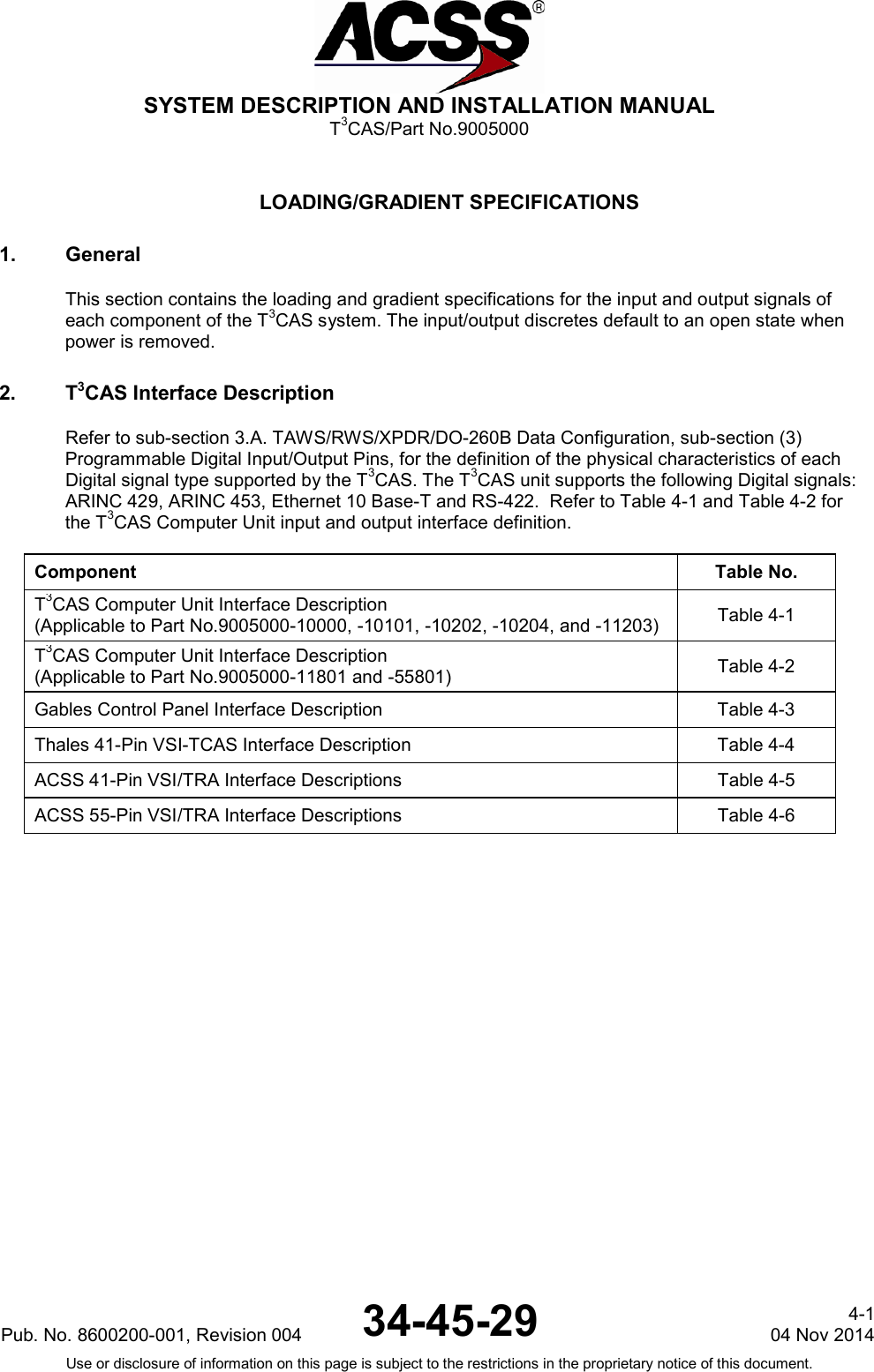  SYSTEM DESCRIPTION AND INSTALLATION MANUAL T3CAS/Part No.9005000  LOADING/GRADIENT SPECIFICATIONS 1. General This section contains the loading and gradient specifications for the input and output signals of each component of the T3CAS system. The input/output discretes default to an open state when power is removed. 2.  T3CAS Interface Description Refer to sub-section 3.A. TAWS/RWS/XPDR/DO-260B Data Configuration, sub-section (3) Programmable Digital Input/Output Pins, for the definition of the physical characteristics of each Digital signal type supported by the T3CAS. The T3CAS unit supports the following Digital signals: ARINC 429, ARINC 453, Ethernet 10 Base-T and RS-422.  Refer to Table 4-1 and Table 4-2 for the T3CAS Computer Unit input and output interface definition.  Component Table No. T3CAS Computer Unit Interface Description  (Applicable to Part No.9005000-10000, -10101, -10202, -10204, and -11203) Table 4-1 T3CAS Computer Unit Interface Description (Applicable to Part No.9005000-11801 and -55801) Table 4-2 Gables Control Panel Interface Description Table 4-3 Thales 41-Pin VSI-TCAS Interface Description Table 4-4 ACSS 41-Pin VSI/TRA Interface Descriptions Table 4-5 ACSS 55-Pin VSI/TRA Interface Descriptions Table 4-6 Pub. No. 8600200-001, Revision 004 34-45-29 4-1 04 Nov 2014 Use or disclosure of information on this page is subject to the restrictions in the proprietary notice of this document.   