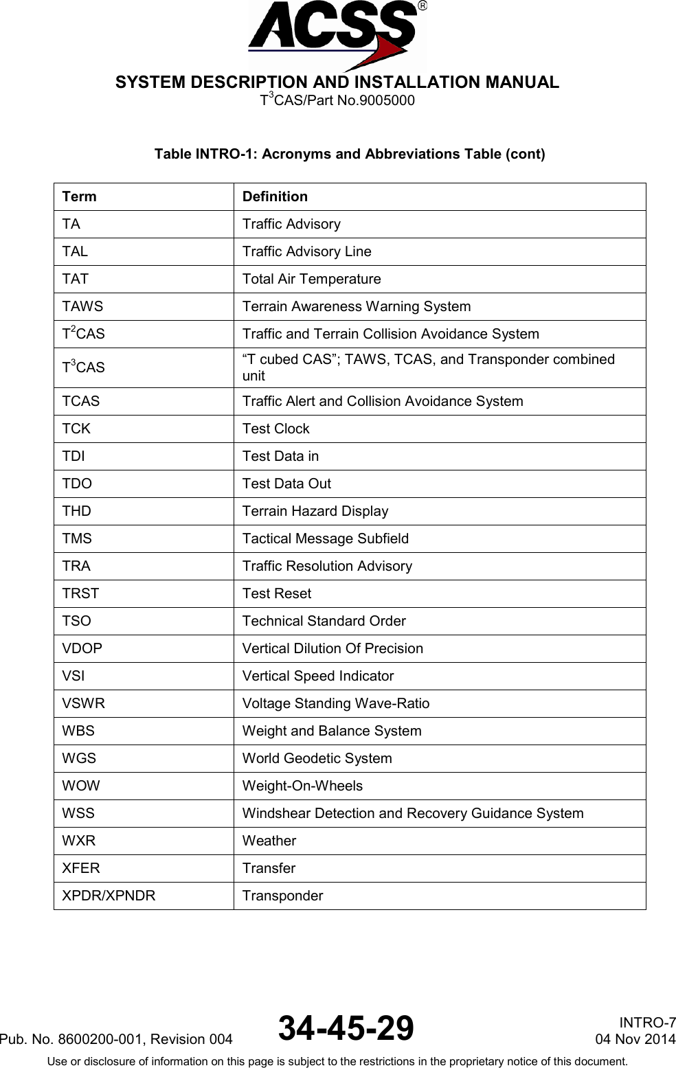  SYSTEM DESCRIPTION AND INSTALLATION MANUAL T3CAS/Part No.9005000 Table INTRO-1: Acronyms and Abbreviations Table (cont) Term Definition TA Traffic Advisory TAL Traffic Advisory Line TAT Total Air Temperature TAWS Terrain Awareness Warning System T2CAS Traffic and Terrain Collision Avoidance System T3CAS “T cubed CAS”; TAWS, TCAS, and Transponder combined unit TCAS Traffic Alert and Collision Avoidance System TCK Test Clock TDI Test Data in TDO Test Data Out THD Terrain Hazard Display TMS Tactical Message Subfield TRA Traffic Resolution Advisory TRST Test Reset TSO Technical Standard Order VDOP Vertical Dilution Of Precision VSI Vertical Speed Indicator VSWR Voltage Standing Wave-Ratio WBS Weight and Balance System WGS World Geodetic System WOW  Weight-On-Wheels WSS Windshear Detection and Recovery Guidance System WXR Weather XFER Transfer XPDR/XPNDR  Transponder Pub. No. 8600200-001, Revision 004 34-45-29 INTRO-7 04 Nov 2014 Use or disclosure of information on this page is subject to the restrictions in the proprietary notice of this document.  