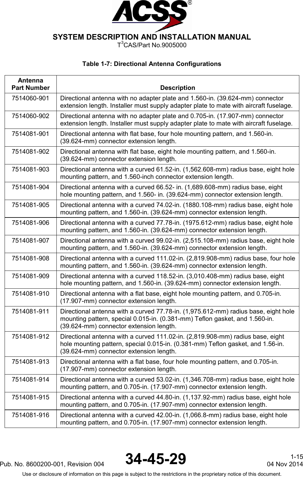  SYSTEM DESCRIPTION AND INSTALLATION MANUAL T3CAS/Part No.9005000 Table 1-7: Directional Antenna Configurations Antenna Part Number Description 7514060-901 Directional antenna with no adapter plate and 1.560-in. (39.624-mm) connector extension length. Installer must supply adapter plate to mate with aircraft fuselage. 7514060-902 Directional antenna with no adapter plate and 0.705-in. (17.907-mm) connector extension length. Installer must supply adapter plate to mate with aircraft fuselage. 7514081-901 Directional antenna with flat base, four hole mounting pattern, and 1.560-in. (39.624-mm) connector extension length. 7514081-902 Directional antenna with flat base, eight hole mounting pattern, and 1.560-in. (39.624-mm) connector extension length. 7514081-903 Directional antenna with a curved 61.52-in. (1,562.608-mm) radius base, eight hole mounting pattern, and 1.560-inch connector extension length. 7514081-904 Directional antenna with a curved 66.52- in. (1,689.608-mm) radius base, eight hole mounting pattern, and 1.560- in. (39.624-mm) connector extension length. 7514081-905 Directional antenna with a curved 74.02-in. (1880.108-mm) radius base, eight hole mounting pattern, and 1.560-in. (39.624-mm) connector extension length. 7514081-906 Directional antenna with a curved 77.78-in. (1975.612-mm) radius base, eight hole mounting pattern, and 1.560-in. (39.624-mm) connector extension length. 7514081-907 Directional antenna with a curved 99.02-in. (2,515.108-mm) radius base, eight hole mounting pattern, and 1.560-in. (39.624-mm) connector extension length. 7514081-908 Directional antenna with a curved 111.02-in. (2,819.908-mm) radius base, four hole mounting pattern, and 1.560-in. (39.624-mm) connector extension length. 7514081-909 Directional antenna with a curved 118.52-in. (3,010.408-mm) radius base, eight hole mounting pattern, and 1.560-in. (39.624-mm) connector extension length. 7514081-910 Directional antenna with a flat base, eight hole mounting pattern, and 0.705-in. (17.907-mm) connector extension length. 7514081-911 Directional antenna with a curved 77.78-in. (1,975.612-mm) radius base, eight hole mounting pattern, special 0.015-in. (0.381-mm) Teflon gasket, and 1.560-in. (39.624-mm) connector extension length. 7514081-912 Directional antenna with a curved 111.02-in. (2,819.908-mm) radius base, eight hole mounting pattern, special 0.015-in. (0.381-mm) Teflon gasket, and 1.56-in. (39.624-mm) connector extension length. 7514081-913 Directional antenna with a flat base, four hole mounting pattern, and 0.705-in. (17.907-mm) connector extension length. 7514081-914 Directional antenna with a curved 53.02-in. (1,346.708-mm) radius base, eight hole mounting pattern, and 0.705-in. (17.907-mm) connector extension length. 7514081-915 Directional antenna with a curved 44.80-in. (1,137.92-mm) radius base, eight hole mounting pattern, and 0.705-in. (17.907-mm) connector extension length. 7514081-916 Directional antenna with a curved 42.00-in. (1,066.8-mm) radius base, eight hole mounting pattern, and 0.705-in. (17.907-mm) connector extension length. Pub. No. 8600200-001, Revision 004 34-45-29 1-15 04 Nov 2014 Use or disclosure of information on this page is subject to the restrictions in the proprietary notice of this document.  