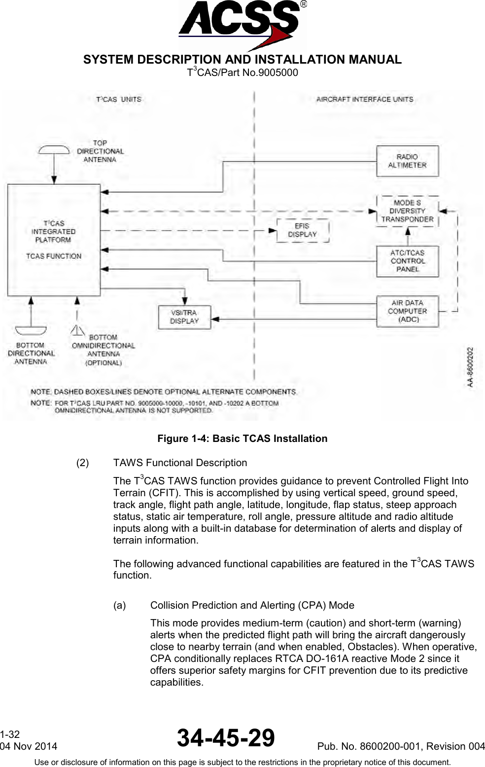  SYSTEM DESCRIPTION AND INSTALLATION MANUAL T3CAS/Part No.9005000  Figure 1-4: Basic TCAS Installation (2) TAWS Functional Description The T3CAS TAWS function provides guidance to prevent Controlled Flight Into Terrain (CFIT). This is accomplished by using vertical speed, ground speed, track angle, flight path angle, latitude, longitude, flap status, steep approach status, static air temperature, roll angle, pressure altitude and radio altitude inputs along with a built-in database for determination of alerts and display of terrain information.  The following advanced functional capabilities are featured in the T3CAS TAWS function.  (a) Collision Prediction and Alerting (CPA) Mode This mode provides medium-term (caution) and short-term (warning) alerts when the predicted flight path will bring the aircraft dangerously close to nearby terrain (and when enabled, Obstacles). When operative, CPA conditionally replaces RTCA DO-161A reactive Mode 2 since it offers superior safety margins for CFIT prevention due to its predictive capabilities.  1-32 04 Nov 2014 34-45-29 Pub. No. 8600200-001, Revision 004 Use or disclosure of information on this page is subject to the restrictions in the proprietary notice of this document.  