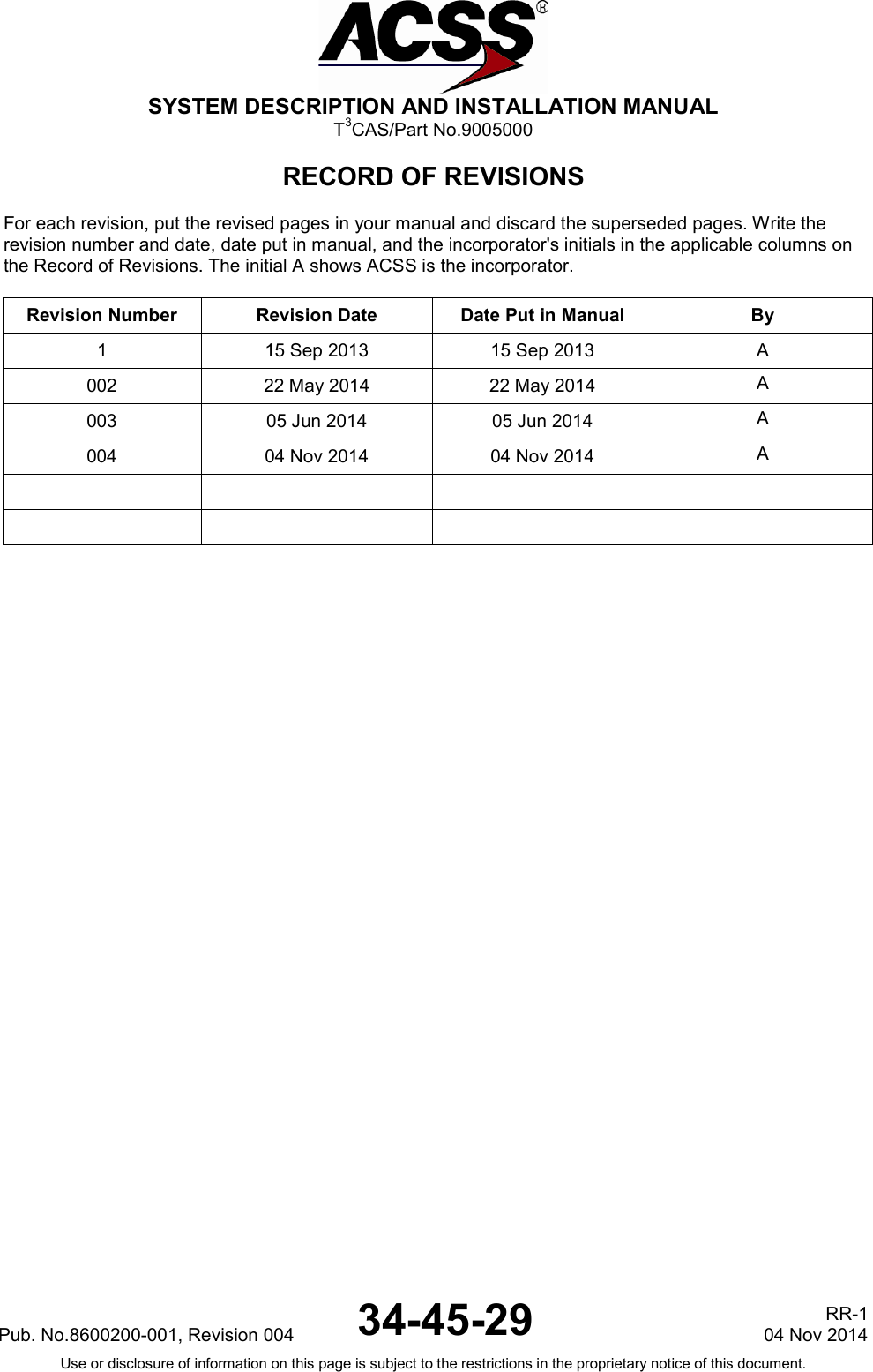  SYSTEM DESCRIPTION AND INSTALLATION MANUAL T3CAS/Part No.9005000 RECORD OF REVISIONS  For each revision, put the revised pages in your manual and discard the superseded pages. Write the revision number and date, date put in manual, and the incorporator&apos;s initials in the applicable columns on the Record of Revisions. The initial A shows ACSS is the incorporator.  Revision Number Revision Date Date Put in Manual By 1 15 Sep 2013 15 Sep 2013 A 002  22 May 2014 22 May 2014 A 003 05 Jun 2014 05 Jun 2014 A 004 04 Nov 2014 04 Nov 2014 A          Pub. No.8600200-001, Revision 004 34-45-29 RR-1 04 Nov 2014 Use or disclosure of information on this page is subject to the restrictions in the proprietary notice of this document.  