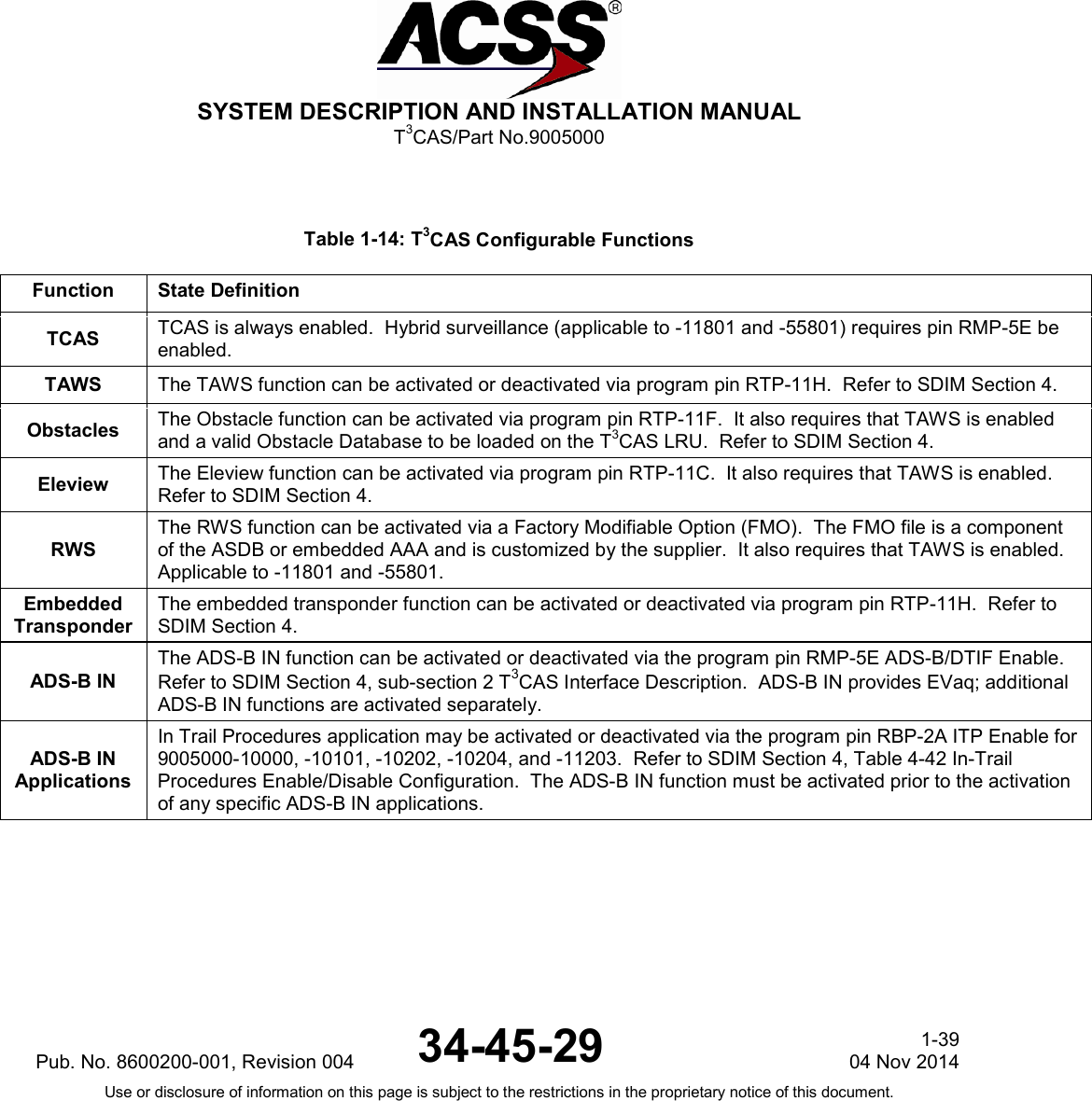  SYSTEM DESCRIPTION AND INSTALLATION MANUAL T3CAS/Part No.9005000  Table 1-14: T3CAS Configurable Functions Function State Definition TCAS TCAS is always enabled.  Hybrid surveillance (applicable to -11801 and -55801) requires pin RMP-5E be enabled. TAWS The TAWS function can be activated or deactivated via program pin RTP-11H.  Refer to SDIM Section 4. Obstacles The Obstacle function can be activated via program pin RTP-11F.  It also requires that TAWS is enabled and a valid Obstacle Database to be loaded on the T3CAS LRU.  Refer to SDIM Section 4. Eleview The Eleview function can be activated via program pin RTP-11C.  It also requires that TAWS is enabled.  Refer to SDIM Section 4. RWS The RWS function can be activated via a Factory Modifiable Option (FMO).  The FMO file is a component of the ASDB or embedded AAA and is customized by the supplier.  It also requires that TAWS is enabled.  Applicable to -11801 and -55801. Embedded Transponder The embedded transponder function can be activated or deactivated via program pin RTP-11H.  Refer to SDIM Section 4. ADS-B IN The ADS-B IN function can be activated or deactivated via the program pin RMP-5E ADS-B/DTIF Enable.  Refer to SDIM Section 4, sub-section 2 T3CAS Interface Description.  ADS-B IN provides EVaq; additional ADS-B IN functions are activated separately. ADS-B IN Applications In Trail Procedures application may be activated or deactivated via the program pin RBP-2A ITP Enable for 9005000-10000, -10101, -10202, -10204, and -11203.  Refer to SDIM Section 4, Table 4-42 In-Trail Procedures Enable/Disable Configuration.  The ADS-B IN function must be activated prior to the activation of any specific ADS-B IN applications.  Pub. No. 8600200-001, Revision 004 34-45-29 1-39 04 Nov 2014 Use or disclosure of information on this page is subject to the restrictions in the proprietary notice of this document.  