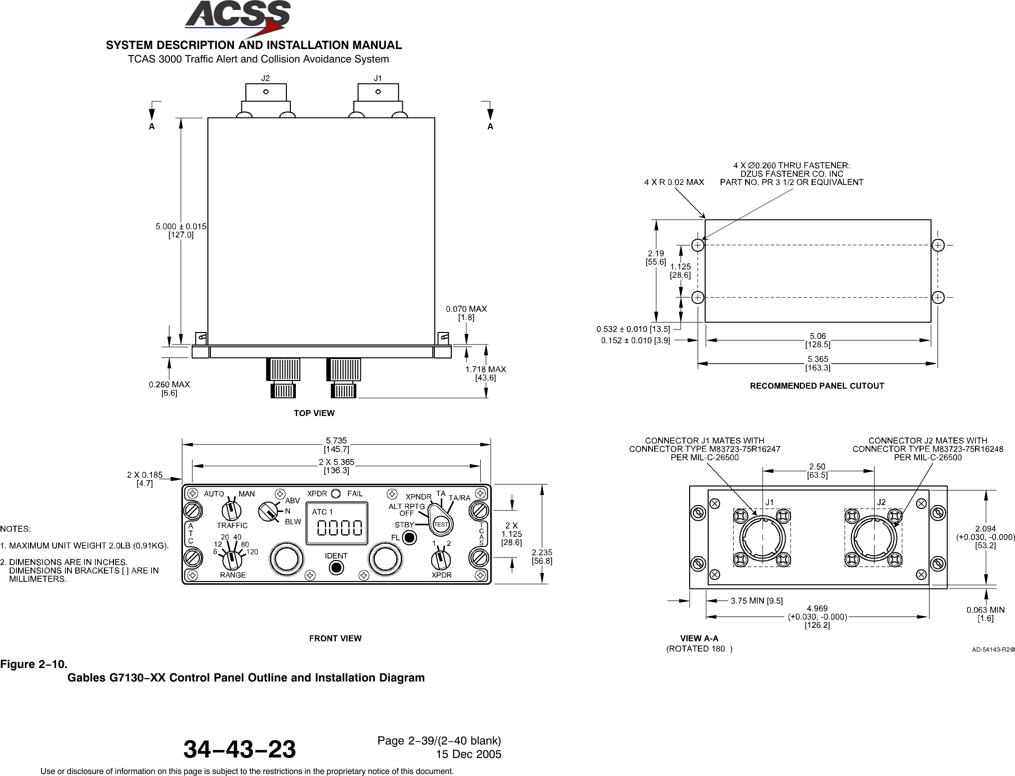 SYSTEM DESCRIPTION AND INSTALLATION MANUAL TCAS 3000 Traffic Alert and Collision Avoidance System34−43−23Use or disclosure of information on this page is subject to the restrictions in the proprietary notice of this document.Page 2−39/(2−40 blank)15 Dec 2005Figure 2−10.Gables G7130−XX Control Panel Outline and Installation Diagram