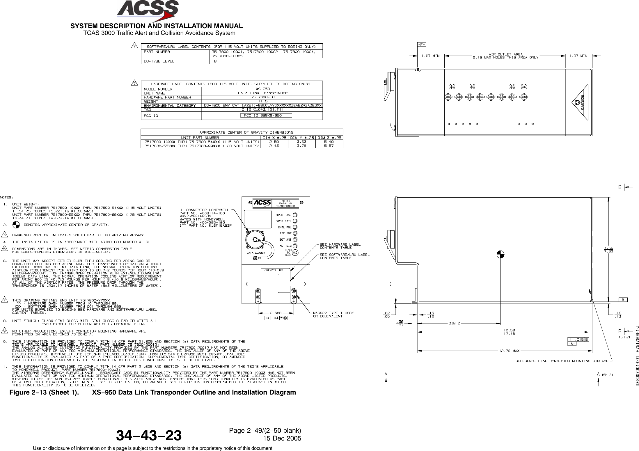 SYSTEM DESCRIPTION AND INSTALLATION MANUAL TCAS 3000 Traffic Alert and Collision Avoidance System34−43−23Use or disclosure of information on this page is subject to the restrictions in the proprietary notice of this document.Page 2−49/(2−50 blank)15 Dec 2005Figure 2−13 (Sheet 1). XS−950 Data Link Transponder Outline and Installation Diagram