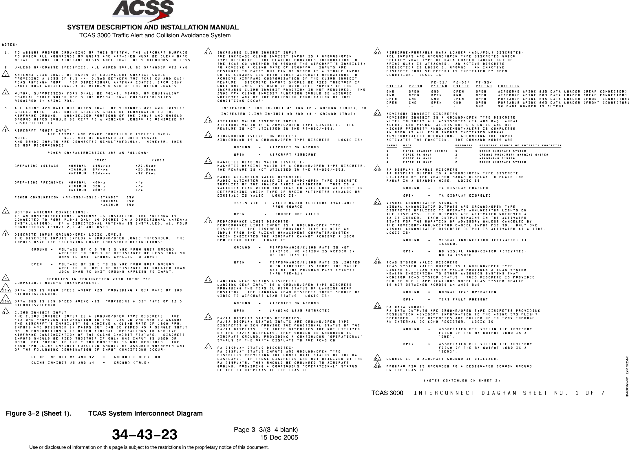  SYSTEM DESCRIPTION AND INSTALLATION MANUAL TCAS 3000 Traffic Alert and Collision Avoidance System34−43−23Use or disclosure of information on this page is subject to the restrictions in the proprietary notice of this document.Page 3−3/(3−4 blank)15 Dec 2005Figure 3−2 (Sheet 1). TCAS System Interconnect Diagram