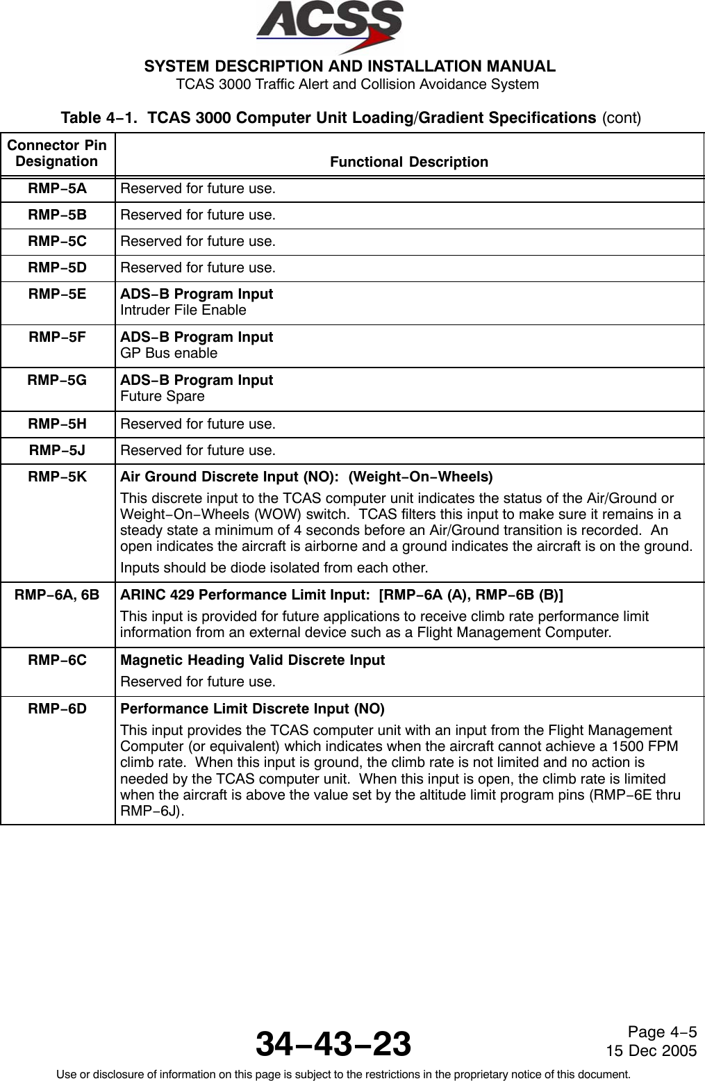 SYSTEM DESCRIPTION AND INSTALLATION MANUAL TCAS 3000 Traffic Alert and Collision Avoidance System34−43−23Use or disclosure of information on this page is subject to the restrictions in the proprietary notice of this document.Page 4−515 Dec 2005Table 4−1.  TCAS 3000 Computer Unit Loading/Gradient Specifications (cont)Connector PinDesignation Functional DescriptionRMP−5A Reserved for future use.RMP−5B Reserved for future use.RMP−5C Reserved for future use.RMP−5D Reserved for future use.RMP−5E ADS−B Program InputIntruder File EnableRMP−5F ADS−B Program InputGP Bus enableRMP−5G ADS−B Program InputFuture SpareRMP−5H Reserved for future use.RMP−5J Reserved for future use.RMP−5K Air Ground Discrete Input (NO):  (Weight−On−Wheels)This discrete input to the TCAS computer unit indicates the status of the Air/Ground orWeight−On−Wheels (WOW) switch.  TCAS filters this input to make sure it remains in asteady state a minimum of 4 seconds before an Air/Ground transition is recorded.  Anopen indicates the aircraft is airborne and a ground indicates the aircraft is on the ground.Inputs should be diode isolated from each other.RMP−6A, 6B ARINC 429 Performance Limit Input:  [RMP−6A (A), RMP−6B (B)]This input is provided for future applications to receive climb rate performance limitinformation from an external device such as a Flight Management Computer.RMP−6C Magnetic Heading Valid Discrete InputReserved for future use.RMP−6D Performance Limit Discrete Input (NO)This input provides the TCAS computer unit with an input from the Flight ManagementComputer (or equivalent) which indicates when the aircraft cannot achieve a 1500 FPMclimb rate.  When this input is ground, the climb rate is not limited and no action isneeded by the TCAS computer unit.  When this input is open, the climb rate is limitedwhen the aircraft is above the value set by the altitude limit program pins (RMP−6E thruRMP−6J).