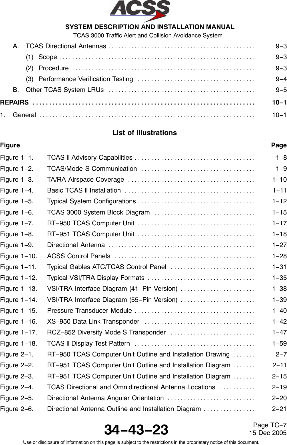 SYSTEM DESCRIPTION AND INSTALLATION MANUAL TCAS 3000 Traffic Alert and Collision Avoidance System34−43−23Use or disclosure of information on this page is subject to the restrictions in the proprietary notice of this document.Page TC−715 Dec 2005A. TCAS Directional Antennas 9−3. . . . . . . . . . . . . . . . . . . . . . . . . . . . . . . . . . . . . . . . . . . . . (1) Scope 9−3. . . . . . . . . . . . . . . . . . . . . . . . . . . . . . . . . . . . . . . . . . . . . . . . . . . . . . . . . . . . (2) Procedure 9−3. . . . . . . . . . . . . . . . . . . . . . . . . . . . . . . . . . . . . . . . . . . . . . . . . . . . . . . . (3) Performance Verification Testing 9−4. . . . . . . . . . . . . . . . . . . . . . . . . . . . . . . . . . . . B. Other TCAS System LRUs 9−5. . . . . . . . . . . . . . . . . . . . . . . . . . . . . . . . . . . . . . . . . . . . . REPAIRS 10−1. . . . . . . . . . . . . . . . . . . . . . . . . . . . . . . . . . . . . . . . . . . . . . . . . . . . . . . . . . . . . . . . . . . . 1. General 10−1. . . . . . . . . . . . . . . . . . . . . . . . . . . . . . . . . . . . . . . . . . . . . . . . . . . . . . . . . . . . . . . . . . List of IllustrationsFigure PageFigure 1−1. TCAS ll Advisory Capabilities 1−8. . . . . . . . . . . . . . . . . . . . . . . . . . . . . . . . . . . . . Figure 1−2. TCAS/Mode S Communication 1−9. . . . . . . . . . . . . . . . . . . . . . . . . . . . . . . . . . . Figure 1−3. TA/RA Airspace Coverage 1−10. . . . . . . . . . . . . . . . . . . . . . . . . . . . . . . . . . . . . . . Figure 1−4. Basic TCAS ll Installation 1−11. . . . . . . . . . . . . . . . . . . . . . . . . . . . . . . . . . . . . . . . Figure 1−5. Typical System Configurations 1−12. . . . . . . . . . . . . . . . . . . . . . . . . . . . . . . . . . . . Figure 1−6. TCAS 3000 System Block Diagram 1−15. . . . . . . . . . . . . . . . . . . . . . . . . . . . . . . Figure 1−7. RT−950 TCAS Computer Unit 1−17. . . . . . . . . . . . . . . . . . . . . . . . . . . . . . . . . . . . Figure 1−8. RT−951 TCAS Computer Unit 1−18. . . . . . . . . . . . . . . . . . . . . . . . . . . . . . . . . . . . Figure 1−9. Directional Antenna 1−27. . . . . . . . . . . . . . . . . . . . . . . . . . . . . . . . . . . . . . . . . . . . . Figure 1−10. ACSS Control Panels 1−28. . . . . . . . . . . . . . . . . . . . . . . . . . . . . . . . . . . . . . . . . . . Figure 1−11. Typical Gables ATC/TCAS Control Panel 1−31. . . . . . . . . . . . . . . . . . . . . . . . . . Figure 1−12. Typical VSI/TRA Display Formats 1−35. . . . . . . . . . . . . . . . . . . . . . . . . . . . . . . . . Figure 1−13. VSI/TRA Interface Diagram (41−Pin Version) 1−38. . . . . . . . . . . . . . . . . . . . . . . Figure 1−14. VSI/TRA Interface Diagram (55−Pin Version) 1−39. . . . . . . . . . . . . . . . . . . . . . . Figure 1−15. Pressure Transducer Module 1−40. . . . . . . . . . . . . . . . . . . . . . . . . . . . . . . . . . . . . Figure 1−16. XS−950 Data Link Transponder 1−42. . . . . . . . . . . . . . . . . . . . . . . . . . . . . . . . . . Figure 1−17. RCZ−852 Diversity Mode S Transponder 1−47. . . . . . . . . . . . . . . . . . . . . . . . . . Figure 1−18. TCAS ll Display Test Pattern 1−59. . . . . . . . . . . . . . . . . . . . . . . . . . . . . . . . . . . . . Figure 2−1. RT−950 TCAS Computer Unit Outline and Installation Drawing 2−7. . . . . . . Figure 2−2. RT−951 TCAS Computer Unit Outline and Installation Diagram 2−11. . . . . . . Figure 2−3. RT−951 TCAS Computer Unit Outline and Installation Diagram 2−15. . . . . . . Figure 2−4. TCAS Directional and Omnidirectional Antenna Locations 2−19. . . . . . . . . . . Figure 2−5. Directional Antenna Angular Orientation 2−20. . . . . . . . . . . . . . . . . . . . . . . . . . . Figure 2−6. Directional Antenna Outline and Installation Diagram 2−21. . . . . . . . . . . . . . . . 