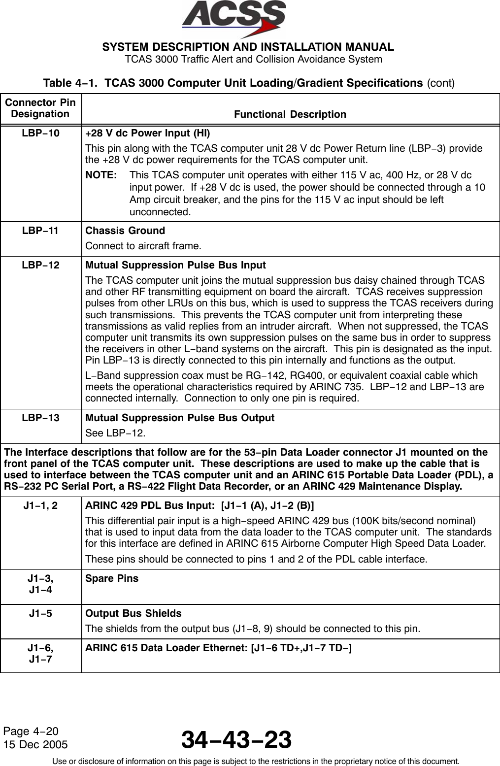  SYSTEM DESCRIPTION AND INSTALLATION MANUAL TCAS 3000 Traffic Alert and Collision Avoidance System34−43−23Use or disclosure of information on this page is subject to the restrictions in the proprietary notice of this document.Page 4−2015 Dec 2005Table 4−1.  TCAS 3000 Computer Unit Loading/Gradient Specifications (cont)Connector PinDesignation Functional DescriptionLBP−10 +28 V dc Power Input (HI)This pin along with the TCAS computer unit 28 V dc Power Return line (LBP−3) providethe +28 V dc power requirements for the TCAS computer unit.NOTE: This TCAS computer unit operates with either 115 V ac, 400 Hz, or 28 V dcinput power.  If +28 V dc is used, the power should be connected through a 10Amp circuit breaker, and the pins for the 115 V ac input should be leftunconnected.LBP−11 Chassis GroundConnect to aircraft frame.LBP−12 Mutual Suppression Pulse Bus InputThe TCAS computer unit joins the mutual suppression bus daisy chained through TCASand other RF transmitting equipment on board the aircraft.  TCAS receives suppressionpulses from other LRUs on this bus, which is used to suppress the TCAS receivers duringsuch transmissions.  This prevents the TCAS computer unit from interpreting thesetransmissions as valid replies from an intruder aircraft.  When not suppressed, the TCAScomputer unit transmits its own suppression pulses on the same bus in order to suppressthe receivers in other L−band systems on the aircraft.  This pin is designated as the input.Pin LBP−13 is directly connected to this pin internally and functions as the output.L−Band suppression coax must be RG−142, RG400, or equivalent coaxial cable whichmeets the operational characteristics required by ARINC 735.  LBP−12 and LBP−13 areconnected internally.  Connection to only one pin is required.LBP−13 Mutual Suppression Pulse Bus OutputSee LBP−12.The Interface descriptions that follow are for the 53−pin Data Loader connector J1 mounted on thefront panel of the TCAS computer unit.  These descriptions are used to make up the cable that isused to interface between the TCAS computer unit and an ARINC 615 Portable Data Loader (PDL), aRS−232 PC Serial Port, a RS−422 Flight Data Recorder, or an ARINC 429 Maintenance Display.J1−1, 2 ARINC 429 PDL Bus Input:  [J1−1 (A), J1−2 (B)]This differential pair input is a high−speed ARINC 429 bus (100K bits/second nominal)that is used to input data from the data loader to the TCAS computer unit.  The standardsfor this interface are defined in ARINC 615 Airborne Computer High Speed Data Loader.These pins should be connected to pins 1 and 2 of the PDL cable interface.J1−3,J1−4Spare PinsJ1−5Output Bus ShieldsThe shields from the output bus (J1−8, 9) should be connected to this pin.J1−6,J1−7ARINC 615 Data Loader Ethernet: [J1−6 TD+,J1−7 TD−]