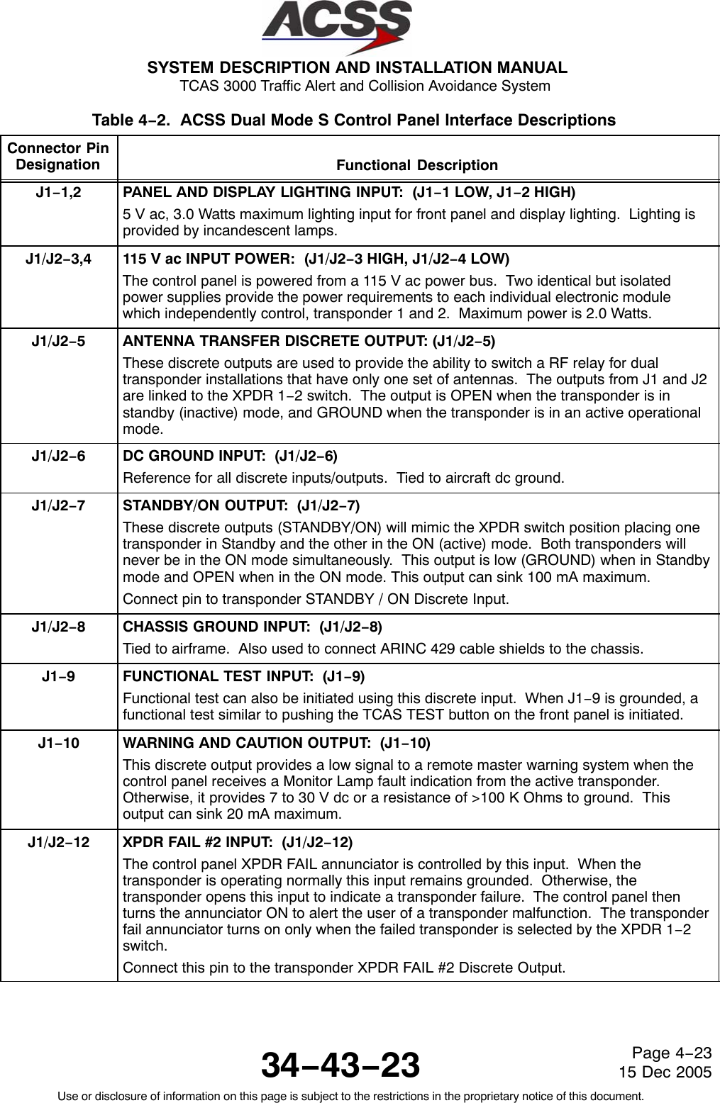 SYSTEM DESCRIPTION AND INSTALLATION MANUAL TCAS 3000 Traffic Alert and Collision Avoidance System34−43−23Use or disclosure of information on this page is subject to the restrictions in the proprietary notice of this document.Page 4−2315 Dec 2005Table 4−2.  ACSS Dual Mode S Control Panel Interface Descriptions  Connector PinDesignation Functional DescriptionJ1−1,2 PANEL AND DISPLAY LIGHTING INPUT:  (J1−1 LOW, J1−2 HIGH)5 V ac, 3.0 Watts maximum lighting input for front panel and display lighting.  Lighting isprovided by incandescent lamps.J1/J2−3,4 115 V ac INPUT POWER:  (J1/J2−3 HIGH, J1/J2−4 LOW)The control panel is powered from a 115 V ac power bus.  Two identical but isolatedpower supplies provide the power requirements to each individual electronic modulewhich independently control, transponder 1 and 2.  Maximum power is 2.0 Watts.J1/J2−5ANTENNA TRANSFER DISCRETE OUTPUT: (J1/J2−5)These discrete outputs are used to provide the ability to switch a RF relay for dualtransponder installations that have only one set of antennas.  The outputs from J1 and J2are linked to the XPDR 1−2 switch.  The output is OPEN when the transponder is instandby (inactive) mode, and GROUND when the transponder is in an active operationalmode.J1/J2−6DC GROUND INPUT:  (J1/J2−6)Reference for all discrete inputs/outputs.  Tied to aircraft dc ground.J1/J2−7STANDBY/ON OUTPUT:  (J1/J2−7)These discrete outputs (STANDBY/ON) will mimic the XPDR switch position placing onetransponder in Standby and the other in the ON (active) mode.  Both transponders willnever be in the ON mode simultaneously.  This output is low (GROUND) when in Standbymode and OPEN when in the ON mode. This output can sink 100 mA maximum.Connect pin to transponder STANDBY / ON Discrete Input.J1/J2−8CHASSIS GROUND INPUT:  (J1/J2−8)Tied to airframe.  Also used to connect ARINC 429 cable shields to the chassis.J1−9FUNCTIONAL TEST INPUT:  (J1−9)Functional test can also be initiated using this discrete input.  When J1−9 is grounded, afunctional test similar to pushing the TCAS TEST button on the front panel is initiated.J1−10 WARNING AND CAUTION OUTPUT:  (J1−10)This discrete output provides a low signal to a remote master warning system when thecontrol panel receives a Monitor Lamp fault indication from the active transponder.Otherwise, it provides 7 to 30 V dc or a resistance of &gt;100 K Ohms to ground.  Thisoutput can sink 20 mA maximum.J1/J2−12 XPDR FAIL #2 INPUT:  (J1/J2−12)The control panel XPDR FAIL annunciator is controlled by this input.  When thetransponder is operating normally this input remains grounded.  Otherwise, thetransponder opens this input to indicate a transponder failure.  The control panel thenturns the annunciator ON to alert the user of a transponder malfunction.  The transponderfail annunciator turns on only when the failed transponder is selected by the XPDR 1−2switch.Connect this pin to the transponder XPDR FAIL #2 Discrete Output.