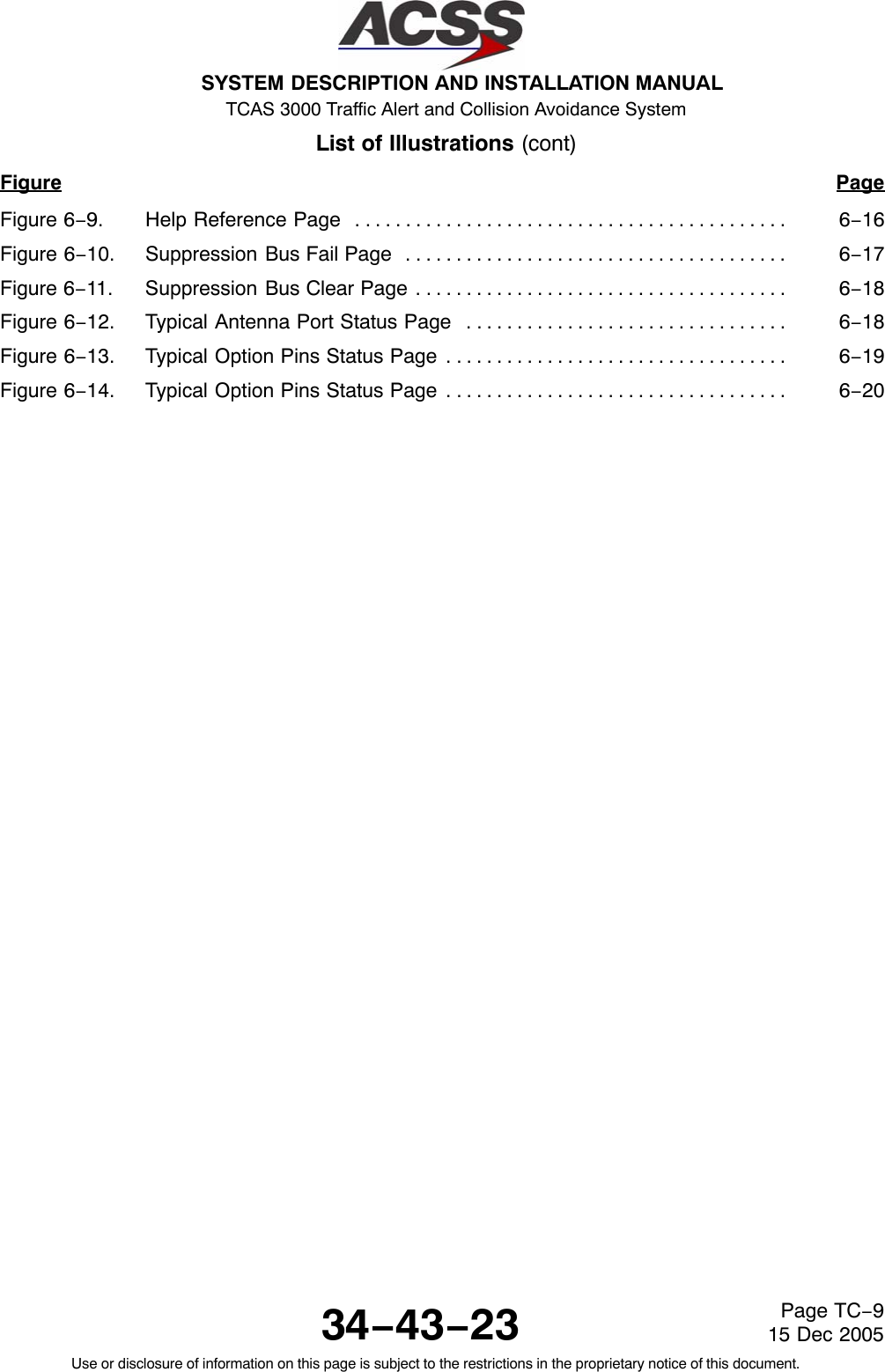 SYSTEM DESCRIPTION AND INSTALLATION MANUAL TCAS 3000 Traffic Alert and Collision Avoidance System34−43−23Use or disclosure of information on this page is subject to the restrictions in the proprietary notice of this document.Page TC−915 Dec 2005List of Illustrations (cont)Figure PageFigure 6−9. Help Reference Page 6−16. . . . . . . . . . . . . . . . . . . . . . . . . . . . . . . . . . . . . . . . . . . Figure 6−10. Suppression Bus Fail Page 6−17. . . . . . . . . . . . . . . . . . . . . . . . . . . . . . . . . . . . . . Figure 6−11. Suppression Bus Clear Page 6−18. . . . . . . . . . . . . . . . . . . . . . . . . . . . . . . . . . . . . Figure 6−12. Typical Antenna Port Status Page 6−18. . . . . . . . . . . . . . . . . . . . . . . . . . . . . . . . Figure 6−13. Typical Option Pins Status Page 6−19. . . . . . . . . . . . . . . . . . . . . . . . . . . . . . . . . . Figure 6−14. Typical Option Pins Status Page 6−20. . . . . . . . . . . . . . . . . . . . . . . . . . . . . . . . . . 