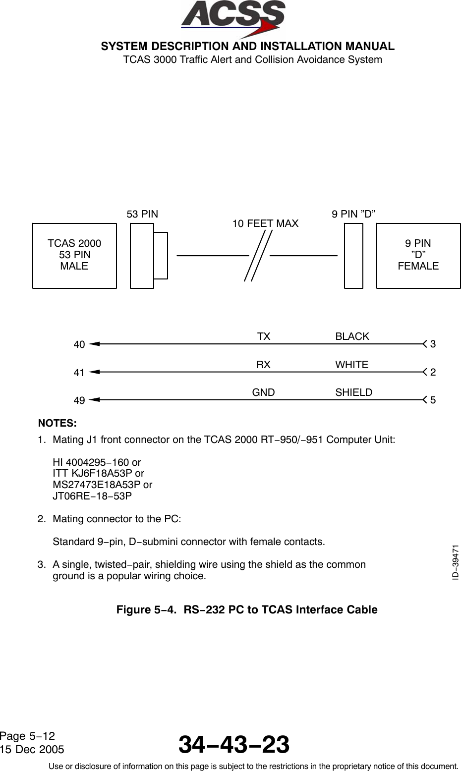  SYSTEM DESCRIPTION AND INSTALLATION MANUAL TCAS 3000 Traffic Alert and Collision Avoidance System34−43−23Use or disclosure of information on this page is subject to the restrictions in the proprietary notice of this document.Page 5−1215 Dec 200540ID−39471TX 3TCAS 200053 PINMALE9 PIN”D”FEMALE53 PIN 9 PIN ”D”10 FEET MAXBLACK41 RX 2WHITE49 GND 5SHIELDNOTES:Mating J1 front connector on the TCAS 2000 RT−950/−951 Computer Unit:HI 4004295−160 orITT KJ6F18A53P orMS27473E18A53P orJT06RE−18−53PMating connector to the PC:Standard 9−pin, D−submini connector with female contacts.A single, twisted−pair, shielding wire using the shield as the commonground is a popular wiring choice.1.2.3.Figure 5−4.  RS−232 PC to TCAS Interface Cable