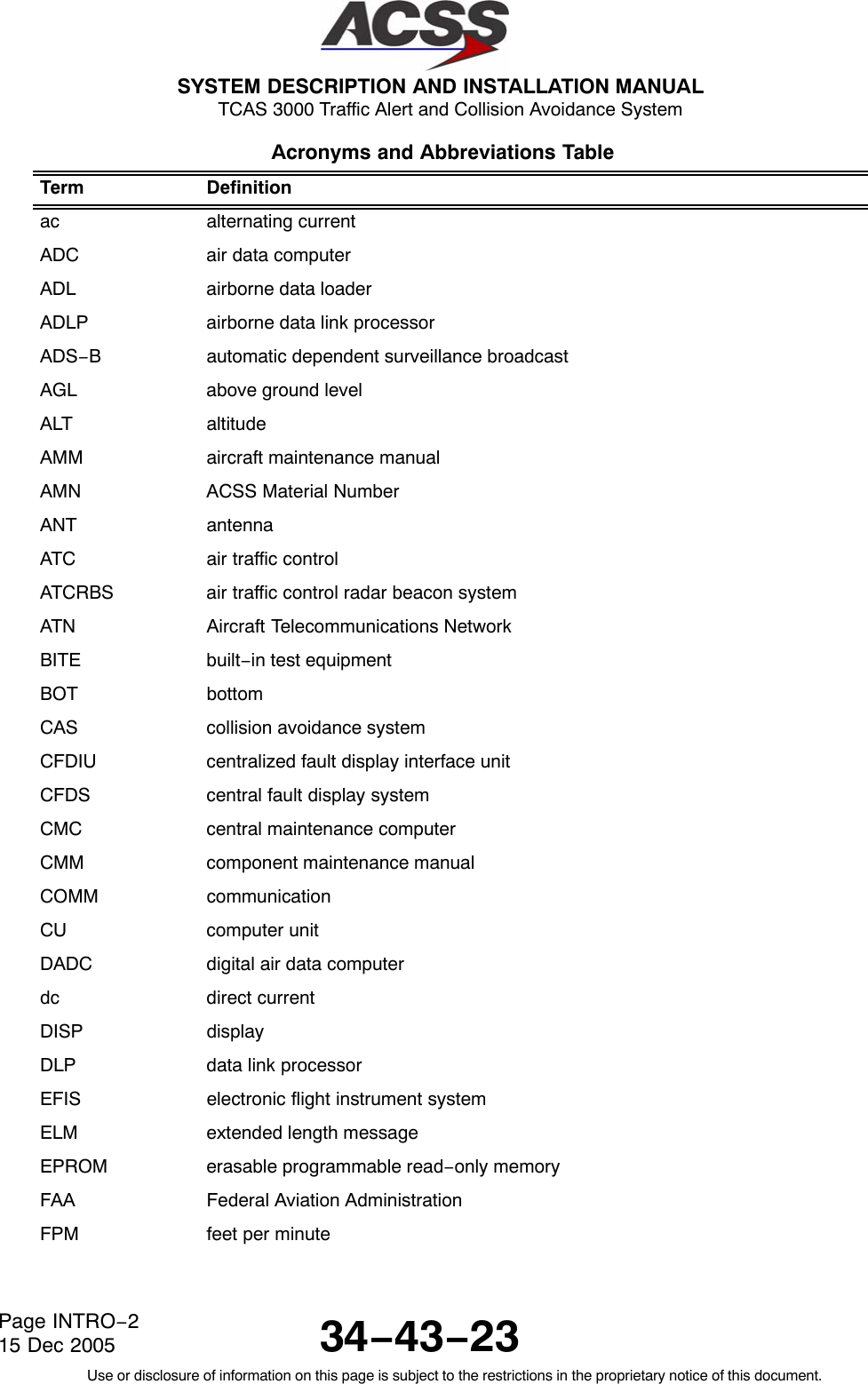 SYSTEM DESCRIPTION AND INSTALLATION MANUAL TCAS 3000 Traffic Alert and Collision Avoidance System34−43−23Use or disclosure of information on this page is subject to the restrictions in the proprietary notice of this document.Page INTRO−215 Dec 2005Acronyms and Abbreviations Table  Term Definitionac alternating currentADC air data computerADL airborne data loaderADLP airborne data link processorADS−B automatic dependent surveillance broadcastAGL above ground levelALT altitudeAMM aircraft maintenance manualAMN ACSS Material NumberANT antennaATC air traffic controlATCRBS air traffic control radar beacon systemATN Aircraft Telecommunications NetworkBITE built−in test equipmentBOT bottomCAS collision avoidance systemCFDIU centralized fault display interface unitCFDS central fault display systemCMC central maintenance computerCMM component maintenance manualCOMM communicationCU computer unitDADC digital air data computerdc direct currentDISP displayDLP data link processorEFIS electronic flight instrument systemELM extended length messageEPROM erasable programmable read−only memoryFAA Federal Aviation AdministrationFPM feet per minute