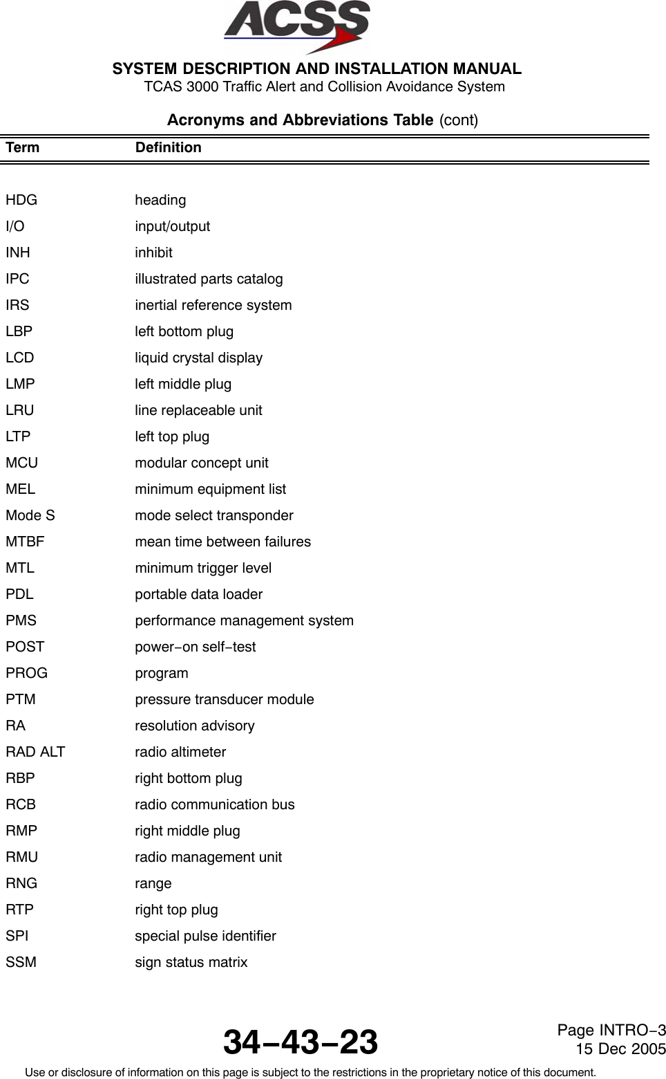 SYSTEM DESCRIPTION AND INSTALLATION MANUAL TCAS 3000 Traffic Alert and Collision Avoidance System34−43−23Use or disclosure of information on this page is subject to the restrictions in the proprietary notice of this document.Page INTRO−315 Dec 2005Acronyms and Abbreviations Table (cont)Term DefinitionHDG headingI/O input/outputINH inhibitIPC illustrated parts catalogIRS inertial reference systemLBP left bottom plugLCD liquid crystal displayLMP left middle plugLRU line replaceable unitLTP left top plugMCU modular concept unitMEL minimum equipment listMode S mode select transponderMTBF mean time between failuresMTL minimum trigger levelPDL portable data loaderPMS performance management systemPOST power−on self−testPROG programPTM pressure transducer moduleRA resolution advisoryRAD ALT radio altimeterRBP right bottom plugRCB radio communication busRMP right middle plugRMU radio management unitRNG rangeRTP right top plugSPI special pulse identifierSSM sign status matrix