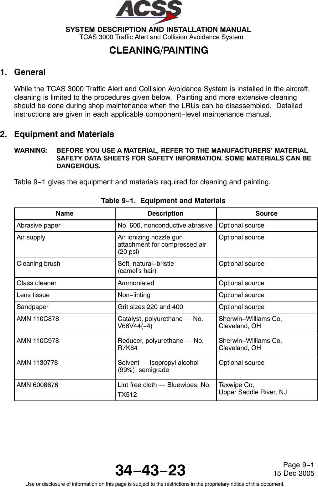 SYSTEM DESCRIPTION AND INSTALLATION MANUAL TCAS 3000 Traffic Alert and Collision Avoidance System34−43−23Use or disclosure of information on this page is subject to the restrictions in the proprietary notice of this document.Page 9−115 Dec 2005CLEANING/PAINTING1. GeneralWhile the TCAS 3000 Traffic Alert and Collision Avoidance System is installed in the aircraft,cleaning is limited to the procedures given below.  Painting and more extensive cleaningshould be done during shop maintenance when the LRUs can be disassembled.  Detailedinstructions are given in each applicable component−level maintenance manual.2. Equipment and MaterialsWARNING: BEFORE YOU USE A MATERIAL, REFER TO THE MANUFACTURERS’ MATERIALSAFETY DATA SHEETS FOR SAFETY INFORMATION. SOME MATERIALS CAN BEDANGEROUS.Table 9−1 gives the equipment and materials required for cleaning and painting.Table 9−1.  Equipment and Materials  Name Description SourceAbrasive paper No. 600, nonconductive abrasive Optional sourceAir supply Air ionizing nozzle gunattachment for compressed air(20 psi)Optional sourceCleaning brush Soft, natural−bristle(camel’s hair)Optional sourceGlass cleaner Ammoniated Optional sourceLens tissue Non−linting Optional sourceSandpaper Grit sizes 220 and 400 Optional sourceAMN 110C878 Catalyst, polyurethane — No.V66V44(−4)Sherwin−Williams Co,Cleveland, OHAMN 110C978 Reducer, polyurethane — No.R7K84Sherwin−Williams Co,Cleveland, OHAMN 1130778 Solvent — Isopropyl alcohol(99%), semigradeOptional sourceAMN 6008676 Lint free cloth — Bluewipes, No.TX512Texwipe Co,Upper Saddle River, NJ