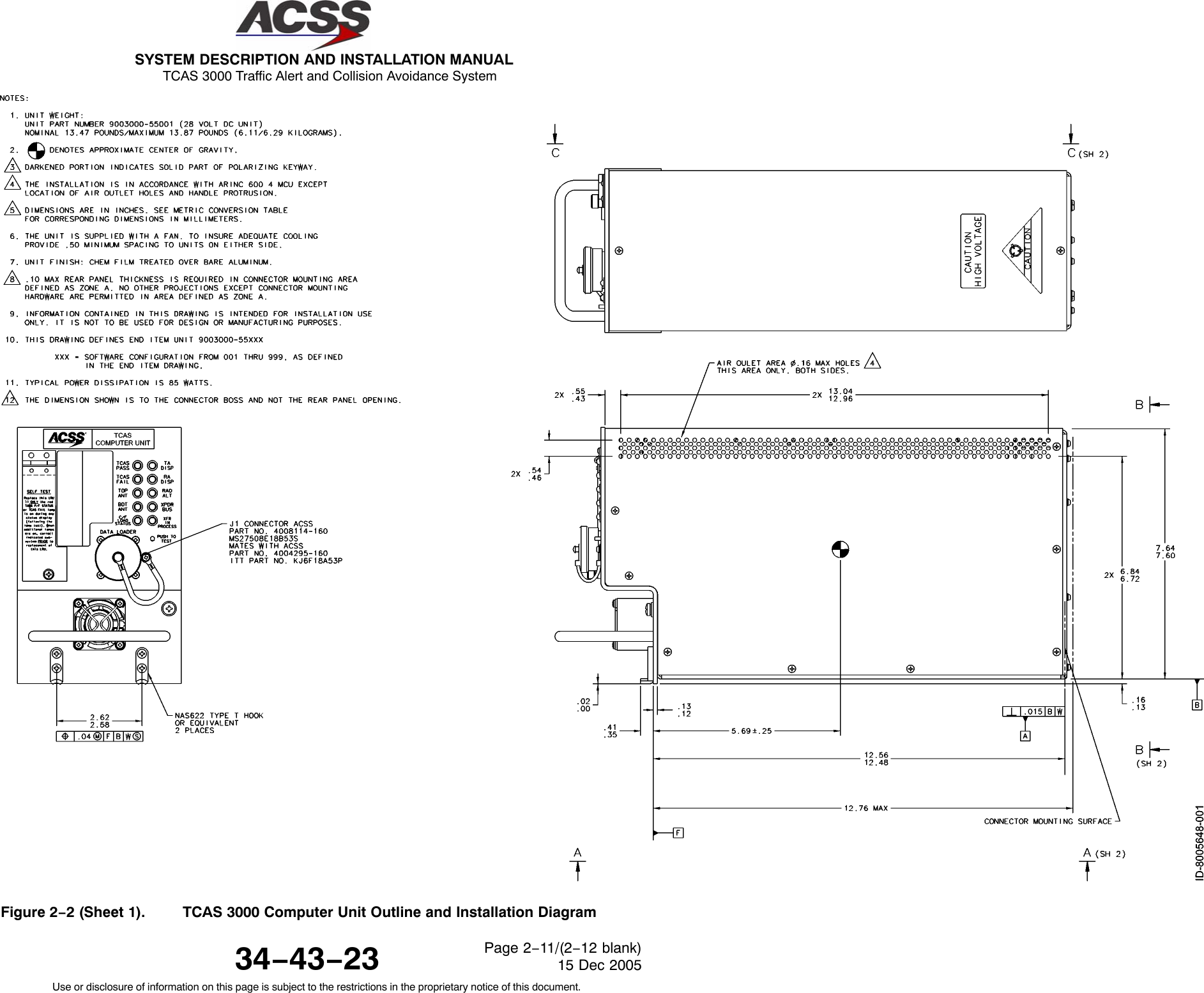 SYSTEM DESCRIPTION AND INSTALLATION MANUAL TCAS 3000 Traffic Alert and Collision Avoidance System34−43−23Use or disclosure of information on this page is subject to the restrictions in the proprietary notice of this document.Page 2−11/(2−12 blank)15 Dec 2005Figure 2−2 (Sheet 1). TCAS 3000 Computer Unit Outline and Installation Diagram