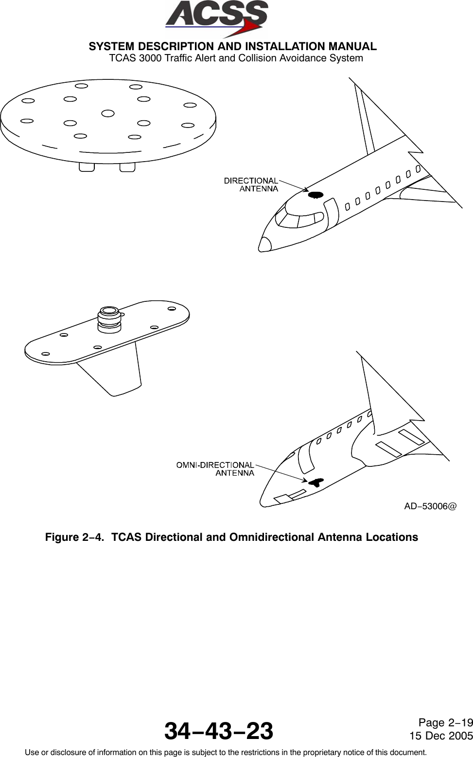 SYSTEM DESCRIPTION AND INSTALLATION MANUAL TCAS 3000 Traffic Alert and Collision Avoidance System34−43−23Use or disclosure of information on this page is subject to the restrictions in the proprietary notice of this document.Page 2−1915 Dec 2005AD−53006@Figure 2−4.  TCAS Directional and Omnidirectional Antenna Locations