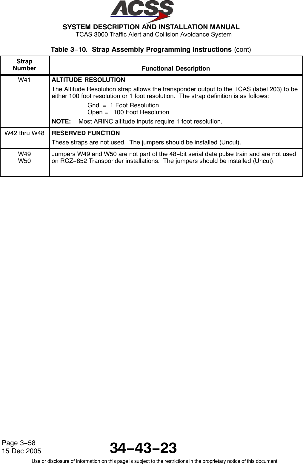  SYSTEM DESCRIPTION AND INSTALLATION MANUAL TCAS 3000 Traffic Alert and Collision Avoidance System34−43−23Use or disclosure of information on this page is subject to the restrictions in the proprietary notice of this document.Page 3−5815 Dec 2005Table 3−10.  Strap Assembly Programming Instructions (cont)StrapNumber Functional DescriptionW41 ALTITUDE RESOLUTIONThe Altitude Resolution strap allows the transponder output to the TCAS (label 203) to beeither 100 foot resolution or 1 foot resolution.  The strap definition is as follows:Gnd  =  1 Foot ResolutionOpen =   100 Foot ResolutionNOTE: Most ARINC altitude inputs require 1 foot resolution.W42 thru W48 RESERVED FUNCTIONThese straps are not used.  The jumpers should be installed (Uncut).W49W50Jumpers W49 and W50 are not part of the 48−bit serial data pulse train and are not usedon RCZ−852 Transponder installations.  The jumpers should be installed (Uncut).