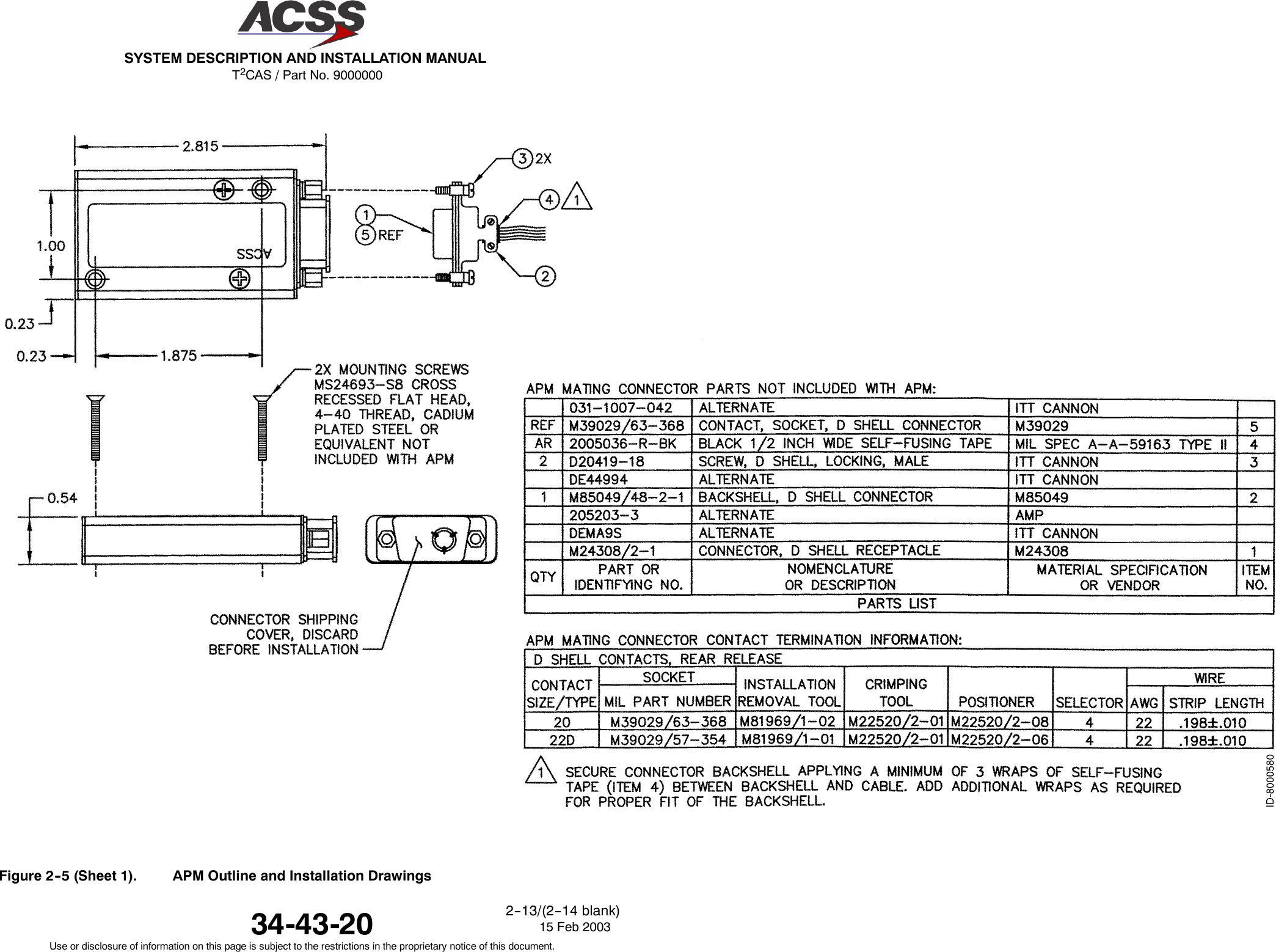 T2CAS / Part No. 9000000SYSTEM DESCRIPTION AND INSTALLATION MANUAL34-43-20 15 Feb 2003Use or disclosure of information on this page is subject to the restrictions in the proprietary notice of this document.2--13/(2--14 blank)Figure 2--5 (Sheet 1). APM Outline and Installation Drawings