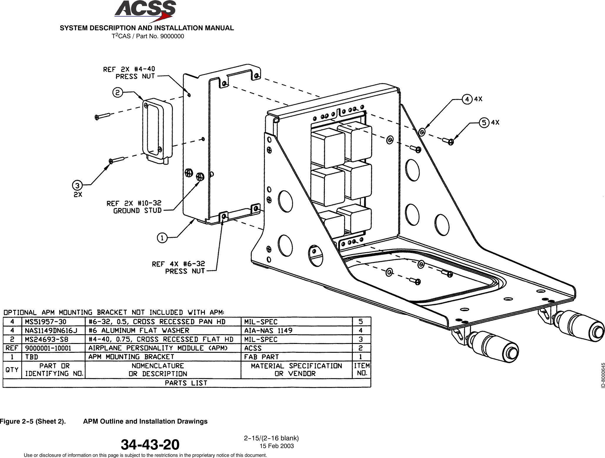 T2CAS / Part No. 9000000SYSTEM DESCRIPTION AND INSTALLATION MANUAL34-43-20 15 Feb 2003Use or disclosure of information on this page is subject to the restrictions in the proprietary notice of this document.2--15/(2--16 blank)Figure 2--5 (Sheet 2). APM Outline and Installation Drawings