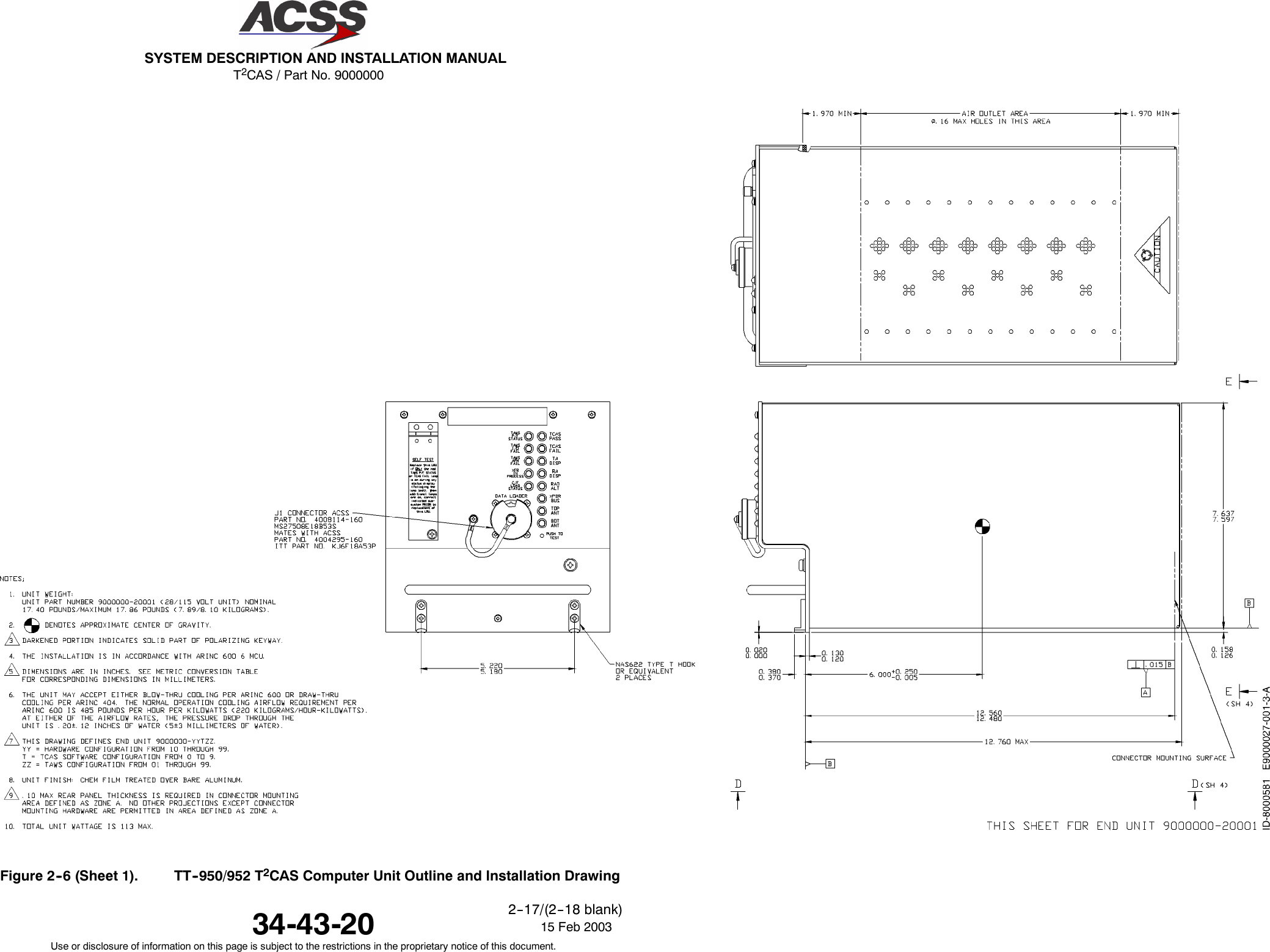 T2CAS / Part No. 9000000SYSTEM DESCRIPTION AND INSTALLATION MANUAL34-43-20 15 Feb 2003Use or disclosure of information on this page is subject to the restrictions in the proprietary notice of this document.2--17/(2--18 blank)Figure 2--6 (Sheet 1). TT--950/952 T2CAS Computer Unit Outline and Installation Drawing
