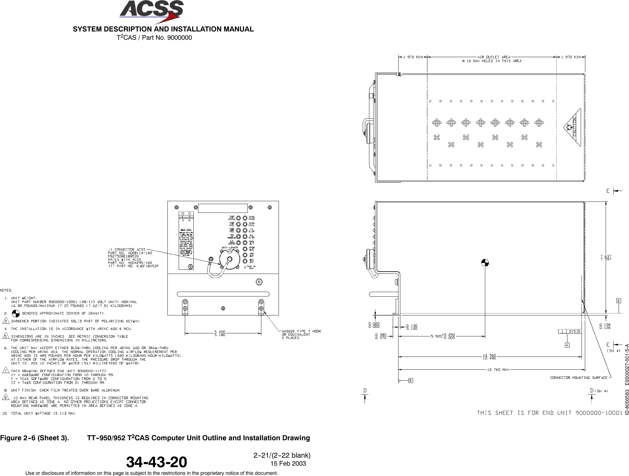 T2CAS / Part No. 9000000SYSTEM DESCRIPTION AND INSTALLATION MANUAL34-43-20 15 Feb 2003Use or disclosure of information on this page is subject to the restrictions in the proprietary notice of this document.2--21/(2--22 blank)Figure 2--6 (Sheet 3). TT--950/952 T2CAS Computer Unit Outline and Installation Drawing