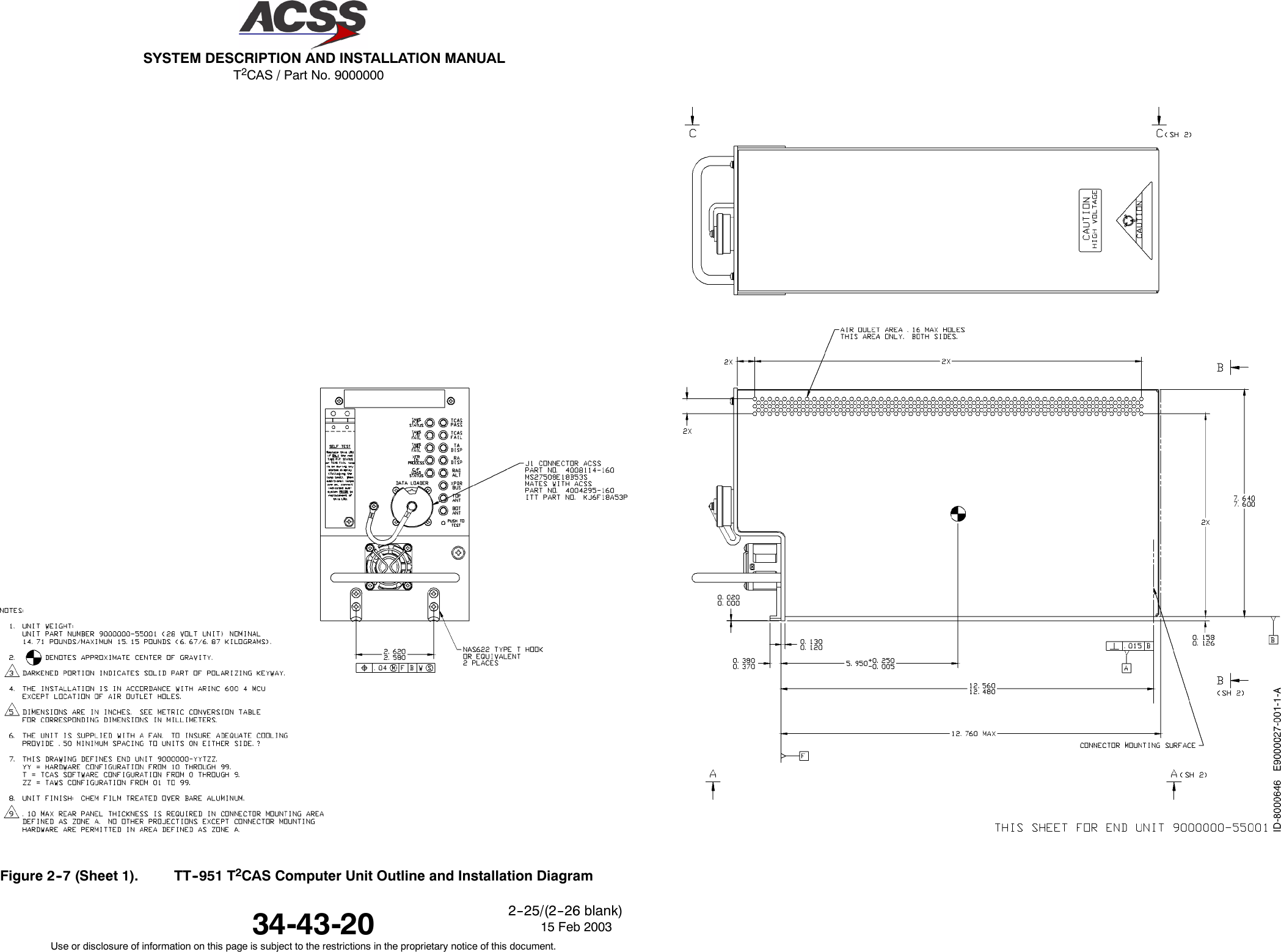 T2CAS / Part No. 9000000SYSTEM DESCRIPTION AND INSTALLATION MANUAL34-43-20 15 Feb 2003Use or disclosure of information on this page is subject to the restrictions in the proprietary notice of this document.2--25/(2--26 blank)Figure 2--7 (Sheet 1). TT--951 T2CAS Computer Unit Outline and Installation Diagram