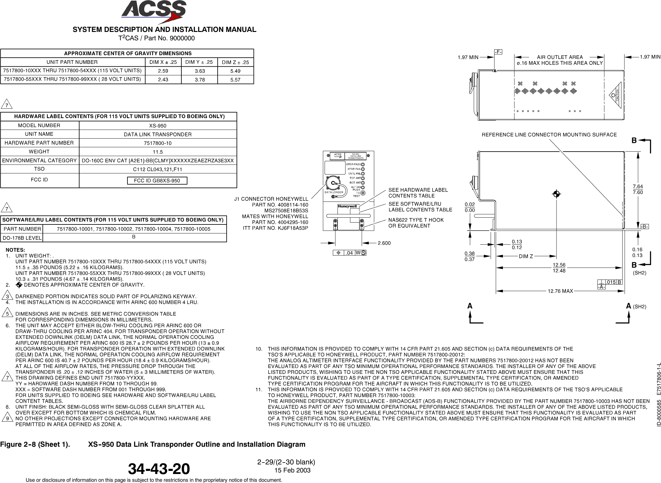 T2CAS / Part No. 9000000SYSTEM DESCRIPTION AND INSTALLATION MANUAL34-43-20 15 Feb 2003Use or disclosure of information on this page is subject to the restrictions in the proprietary notice of this document.2--29/(2--30 blank)Figure 2--8 (Sheet 1). XS--950 Data Link Transponder Outline and Installation Diagram