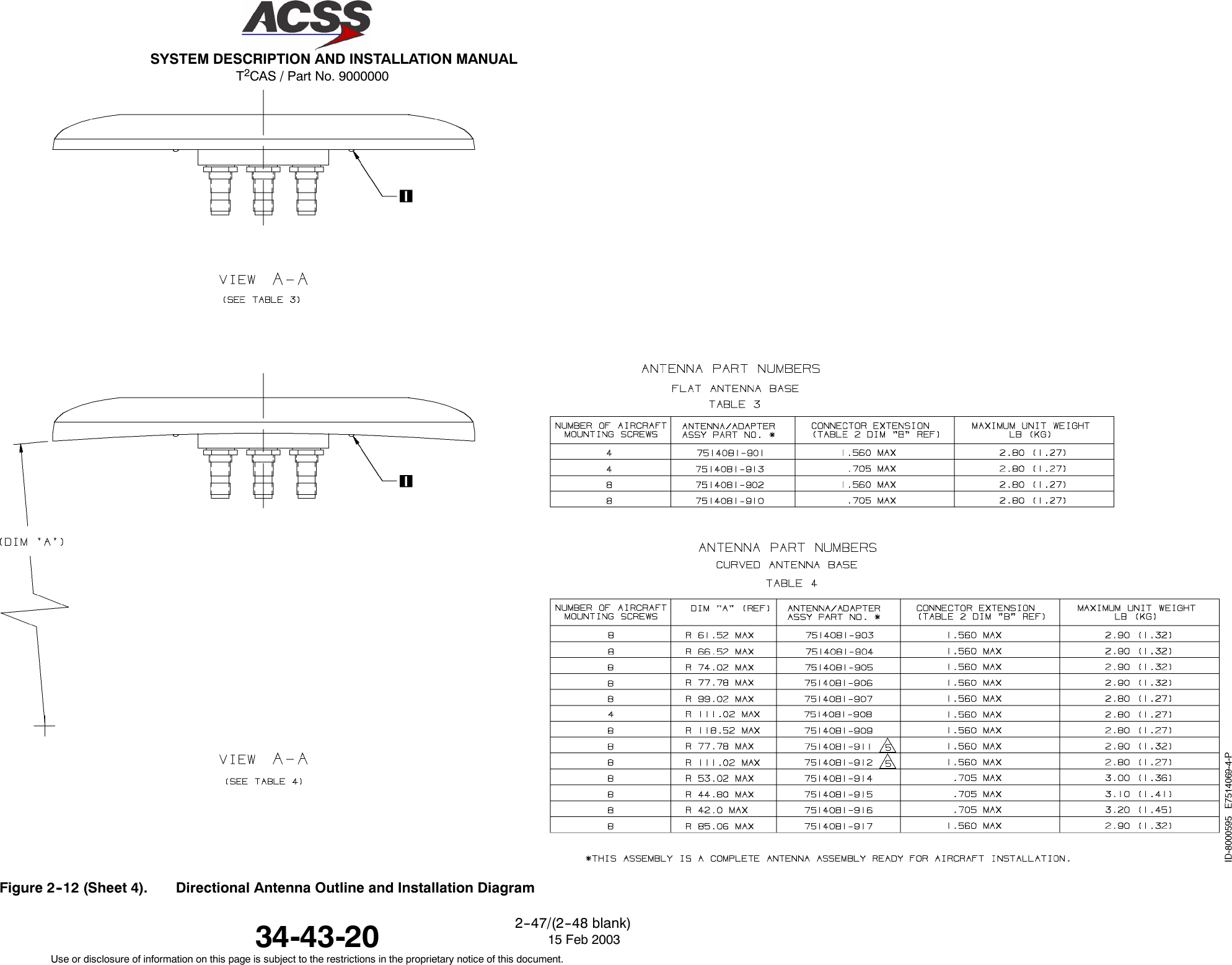 T2CAS / Part No. 9000000SYSTEM DESCRIPTION AND INSTALLATION MANUAL34-43-20 15 Feb 2003Use or disclosure of information on this page is subject to the restrictions in the proprietary notice of this document.2--47/(2--48 blank)Figure 2--12 (Sheet 4). Directional Antenna Outline and Installation Diagram