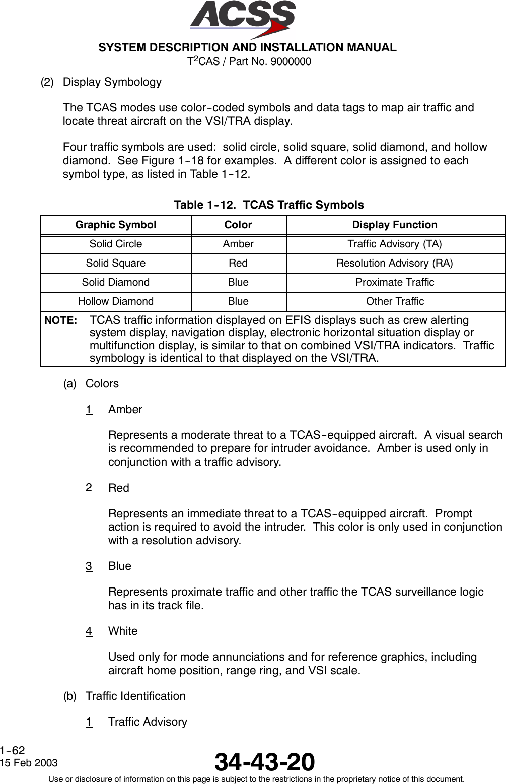 T2CAS / Part No. 9000000SYSTEM DESCRIPTION AND INSTALLATION MANUAL34-43-2015 Feb 2003Use or disclosure of information on this page is subject to the restrictions in the proprietary notice of this document.1--62(2) Display SymbologyThe TCAS modes use color--coded symbols and data tags to map air traffic andlocate threat aircraft on the VSI/TRA display.Four traffic symbols are used: solid circle, solid square, solid diamond, and hollowdiamond. See Figure 1--18 for examples. A different color is assigned to eachsymbol type, as listed in Table 1--12.Table 1--12. TCAS Traffic SymbolsGraphic Symbol Color Display FunctionSolid Circle Amber Traffic Advisory (TA)Solid Square Red Resolution Advisory (RA)Solid Diamond Blue Proximate TrafficHollow Diamond Blue Other TrafficNOTE: TCAS traffic information displayed on EFIS displays such as crew alertingsystem display, navigation display, electronic horizontal situation display ormultifunction display, is similar to that on combined VSI/TRA indicators. Trafficsymbology is identical to that displayed on the VSI/TRA.(a) Colors1AmberRepresents a moderate threat to a TCAS--equipped aircraft. A visual searchis recommended to prepare for intruder avoidance. Amber is used only inconjunction with a traffic advisory.2RedRepresents an immediate threat to a TCAS--equipped aircraft. Promptaction is required to avoid the intruder. This color is only used in conjunctionwith a resolution advisory.3BlueRepresents proximate traffic and other traffic the TCAS surveillance logichas in its track file.4WhiteUsed only for mode annunciations and for reference graphics, includingaircraft home position, range ring, and VSI scale.(b) Traffic Identification1Traffic Advisory