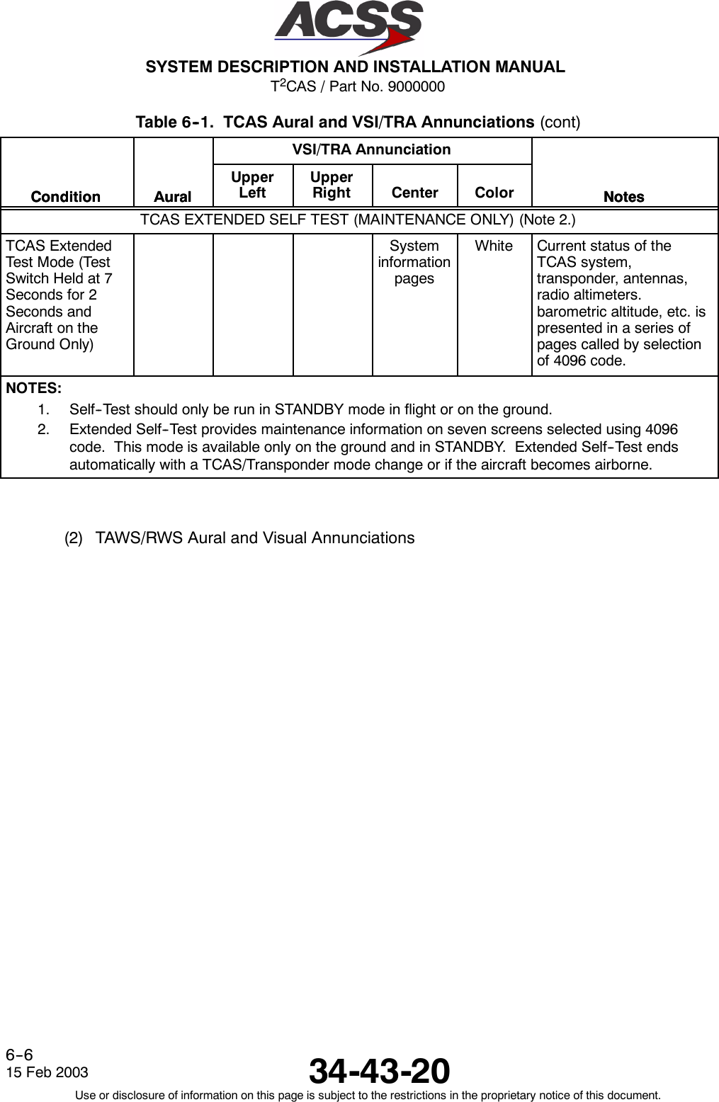 T2CAS / Part No. 9000000SYSTEM DESCRIPTION AND INSTALLATION MANUAL34-43-2015 Feb 2003Use or disclosure of information on this page is subject to the restrictions in the proprietary notice of this document.6--6Table 6--1. TCAS Aural and VSI/TRA Annunciations (cont)Condition NotesVSI/TRA AnnunciationAuralCondition NotesColorCenterUpperRightUpperLeftAuralTCAS EXTENDED SELF TEST (MAINTENANCE ONLY) (Note 2.)TCAS ExtendedTest Mode (TestSwitch Held at 7Seconds for 2Seconds andAircraft on theGround Only)SysteminformationpagesWhite Current status of theTCAS system,transponder, antennas,radio altimeters.barometric altitude, etc. ispresented in a series ofpages called by selectionof 4096 code.NOTES:1. Self--Test should only be run in STANDBY mode in flight or on the ground.2. Extended Self--Test provides maintenance information on seven screens selected using 4096code. This mode is available only on the ground and in STANDBY. Extended Self--Test endsautomatically with a TCAS/Transponder mode change or if the aircraft becomes airborne.(2) TAWS/RWS Aural and Visual Annunciations
