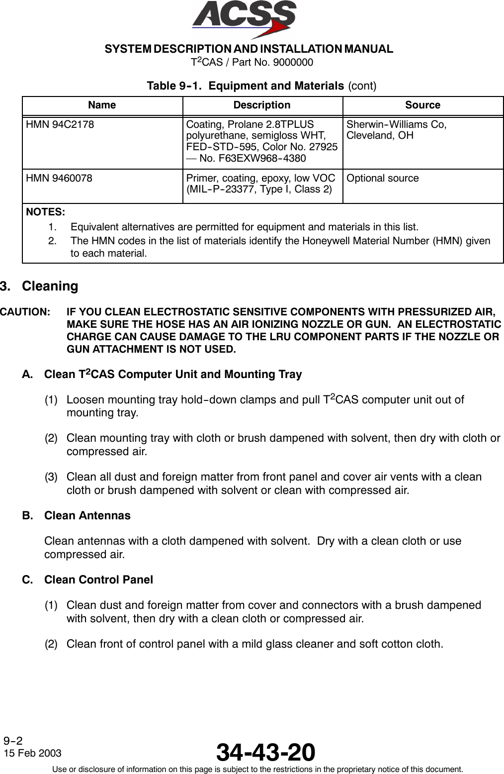 T2CAS / Part No. 9000000SYSTEM DESCRIPTION AND INSTALLATION MANUAL34-43-2015 Feb 2003Use or disclosure of information on this page is subject to the restrictions in the proprietary notice of this document.9--2Table 9--1. Equipment and Materials (cont)Name SourceDescriptionHMN 94C2178 Coating, Prolane 2.8TPLUSpolyurethane, semigloss WHT,FED--STD--595, Color No. 27925— No. F63EXW968--4380Sherwin--Williams Co,Cleveland, OHHMN 9460078 Primer, coating, epoxy, low VOC(MIL--P--23377, Type I, Class 2)Optional sourceNOTES:1. Equivalent alternatives are permitted for equipment and materials in this list.2. The HMN codes in the list of materials identify the Honeywell Material Number (HMN) givento each material.3. CleaningCAUTION: IF YOU CLEAN ELECTROSTATIC SENSITIVE COMPONENTS WITH PRESSURIZED AIR,MAKE SURE THE HOSE HAS AN AIR IONIZING NOZZLE OR GUN. AN ELECTROSTATICCHARGE CAN CAUSE DAMAGE TO THE LRU COMPONENT PARTS IF THE NOZZLE ORGUN ATTACHMENT IS NOT USED.A. Clean T2CAS Computer Unit and Mounting Tray(1) Loosen mounting tray hold--down clamps and pull T2CAS computer unit out ofmounting tray.(2) Clean mounting tray with cloth or brush dampened with solvent, then dry with cloth orcompressed air.(3) Clean all dust and foreign matter from front panel and cover air vents with a cleancloth or brush dampened with solvent or clean with compressed air.B. Clean AntennasClean antennas with a cloth dampened with solvent. Dry with a clean cloth or usecompressed air.C. Clean Control Panel(1) Clean dust and foreign matter from cover and connectors with a brush dampenedwith solvent, then dry with a clean cloth or compressed air.(2) Clean front of control panel with a mild glass cleaner and soft cotton cloth.