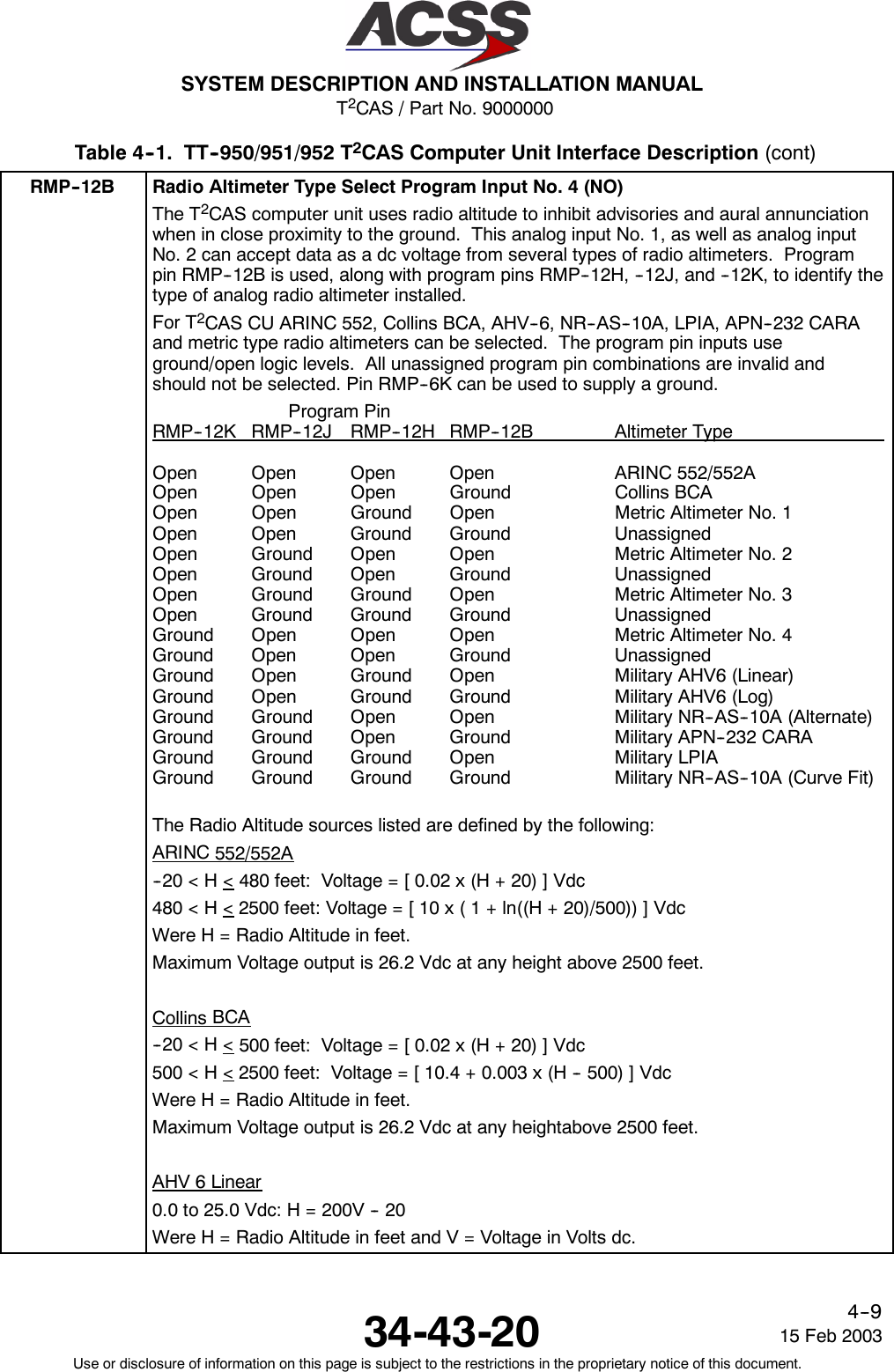 T2CAS / Part No. 9000000SYSTEM DESCRIPTION AND INSTALLATION MANUAL34-43-20 15 Feb 2003Use or disclosure of information on this page is subject to the restrictions in the proprietary notice of this document.4--9Table 4--1. TT--950/951/952 T2CAS Computer Unit Interface Description (cont)RMP--12B Radio Altimeter Type Select Program Input No. 4 (NO)The T2CAS computer unit uses radio altitude to inhibit advisories and aural annunciationwhen in close proximity to the ground. This analog input No. 1, as well as analog inputNo. 2 can accept data as a dc voltage from several types of radio altimeters. Programpin RMP--12B is used, along with program pins RMP--12H, --12J, and --12K, to identify thetype of analog radio altimeter installed.For T2CAS CU ARINC 552, Collins BCA, AHV--6, NR--AS--10A, LPIA, APN--232 CARAand metric type radio altimeters can be selected. The program pin inputs useground/open logic levels. All unassigned program pin combinations are invalid andshould not be selected. Pin RMP--6K can be used to supply a ground.Program PinRMP--12K RMP--12J RMP--12H RMP--12B Altimeter TypeOpen Open Open Open ARINC 552/552AOpen Open Open Ground Collins BCAOpen Open Ground Open Metric Altimeter No. 1Open Open Ground Ground UnassignedOpen Ground Open Open Metric Altimeter No. 2Open Ground Open Ground UnassignedOpen Ground Ground Open Metric Altimeter No. 3Open Ground Ground Ground UnassignedGround Open Open Open Metric Altimeter No. 4Ground Open Open Ground UnassignedGround Open Ground Open Military AHV6 (Linear)Ground Open Ground Ground Military AHV6 (Log)Ground Ground Open Open Military NR--AS--10A (Alternate)Ground Ground Open Ground Military APN--232 CARAGround Ground Ground Open Military LPIAGround Ground Ground Ground Military NR--AS--10A (Curve Fit)The Radio Altitude sources listed are defined by the following:ARINC 552/552A-- 2 0 &lt; H &lt; 480 feet: Voltage = [ 0.02 x (H + 20) ] Vdc480 &lt; H &lt; 2500 feet: Voltage = [ 10 x ( 1 + ln((H + 20)/500)) ] VdcWere H = Radio Altitude in feet.Maximum Voltage output is 26.2 Vdc at any height above 2500 feet.Collins BCA-- 2 0 &lt; H &lt; 500 feet: Voltage = [ 0.02 x (H + 20) ] Vdc500 &lt; H &lt; 2500 feet: Voltage = [ 10.4 + 0.003 x (H -- 500) ] VdcWere H = Radio Altitude in feet.Maximum Voltage output is 26.2 Vdc at any heightabove 2500 feet.AHV 6 Linear0.0 to 25.0 Vdc: H = 200V -- 20Were H = Radio Altitude in feet and V = Voltage in Volts dc.